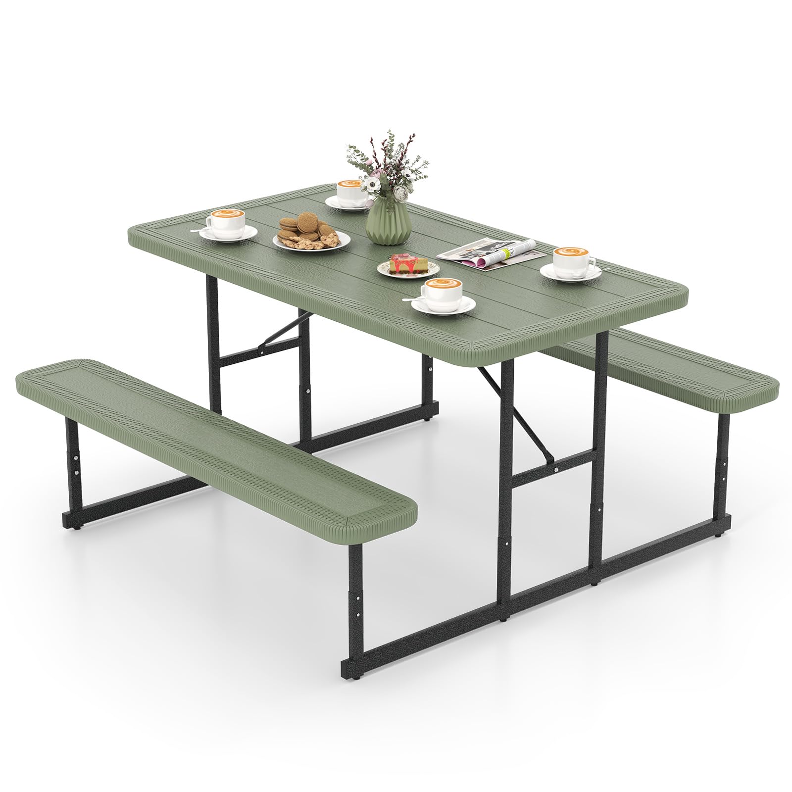 Tangkula 8 Person Picnic Table, HDPE Outdoor Square Table and Bench Set with 4 Built-in Benches, Umbrella Hole, Metal Frame for Garden Yard Patio Lawn