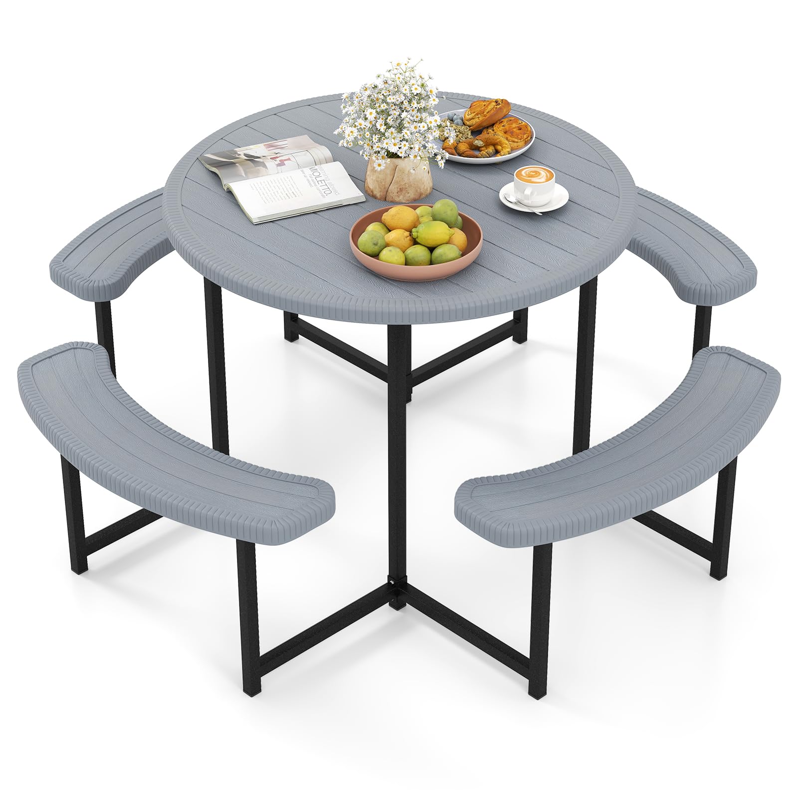 Tangkula 8 Person Picnic Table, HDPE Outdoor Square Table and Bench Set with 4 Built-in Benches, Umbrella Hole, Metal Frame for Garden Yard Patio Lawn