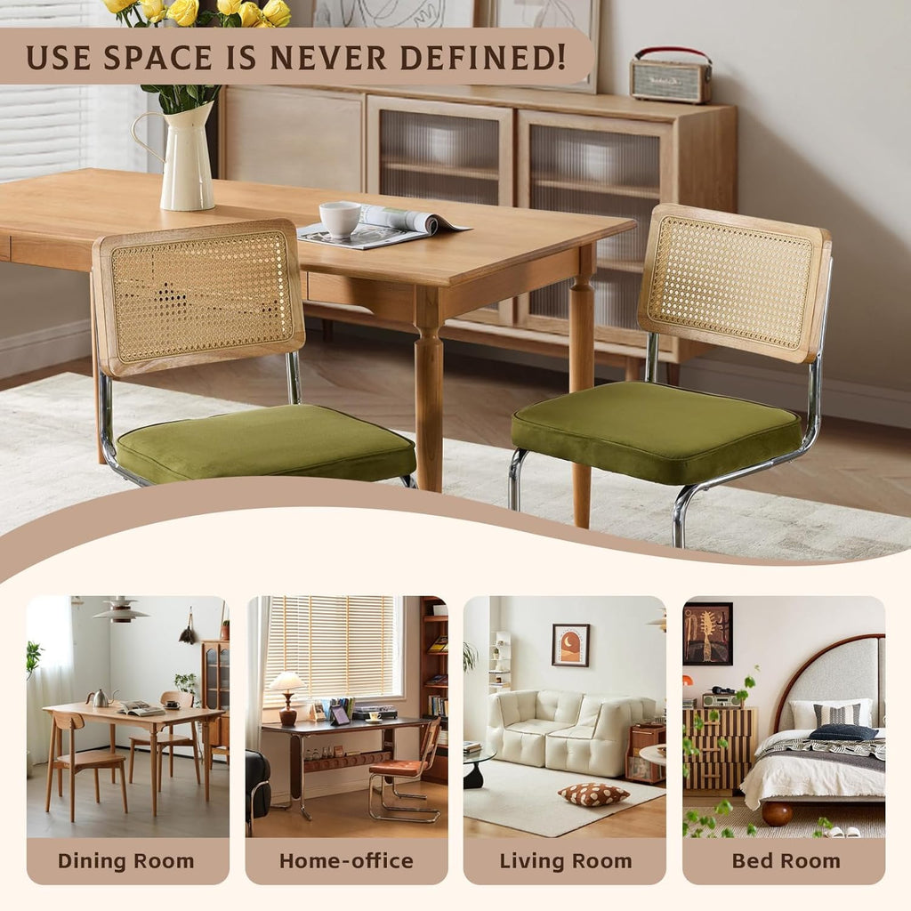 Rattan Dining Chairs Set of 4,Upholstered Mid-Century Modern Dining Room Chairs with Cane Backrest,Retro Velvet Kitchen Chairs with Stainless Chrome Base,Green