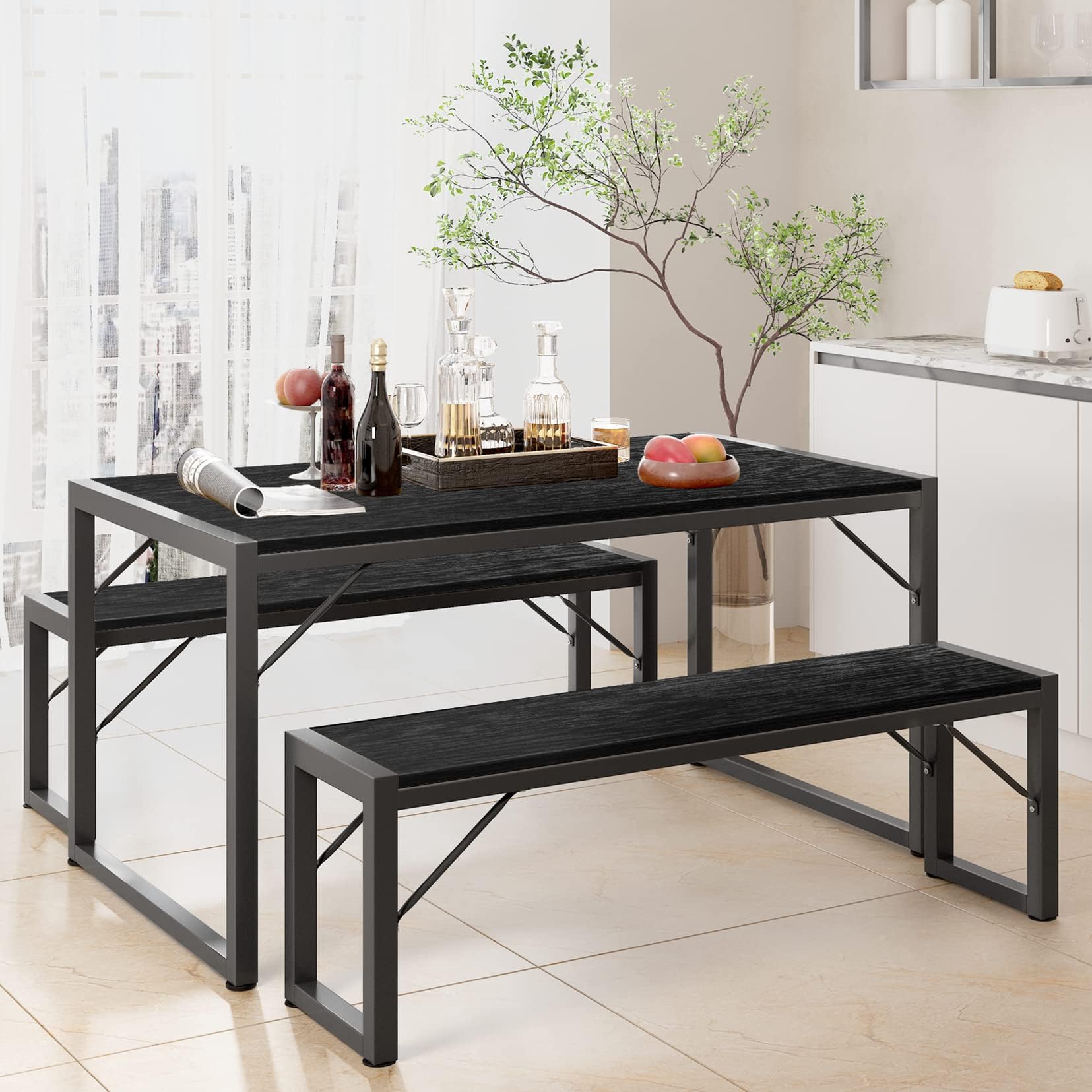 Gizoon 45.5" Dining Table Set for 4 with 2 Benches, Kitchen Table Set with Metal Frame & MDF Board, Space-Saving Dinette for Kitchen, Dining Room -Grey