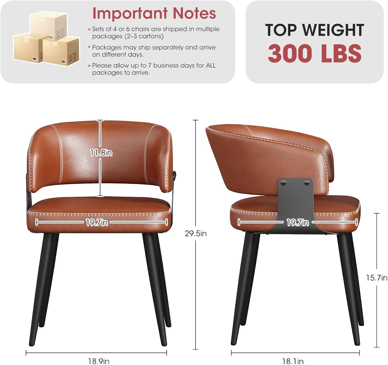 Dining Chairs Set of 4, Modern Upholstered PU Leather Kitchen & Dining Room Chairs with Curved Open Back Metal Legs, Kitchen Chairs for Dining Room Restaurant (Vintage Brown, Set of 4)
