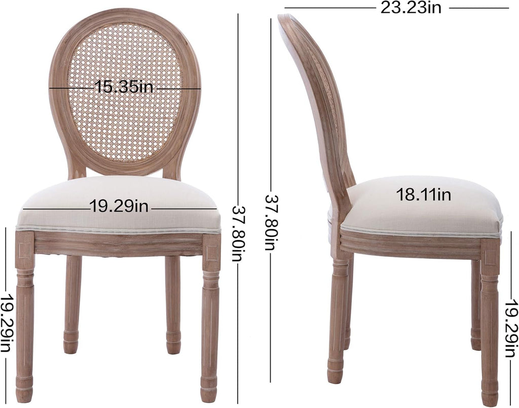 Nrizc French Country Dining Chairs Set of 4, Farmhouse Fabric Chairs with Round Back, Rattan Dining Chair, Oval Side Chairs for Dining Room/Living Room/Kitchen/Restaurant