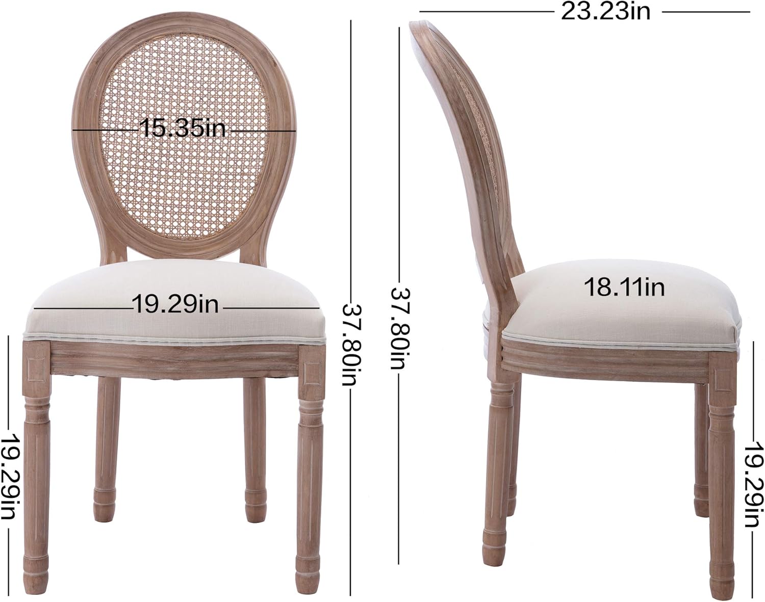Nrizc French Country Dining Chairs Set of 4, Farmhouse Fabric Chairs with Round Back, Rattan Dining Chair, Oval Side Chairs for Dining Room/Living Room/Kitchen/Restaurant