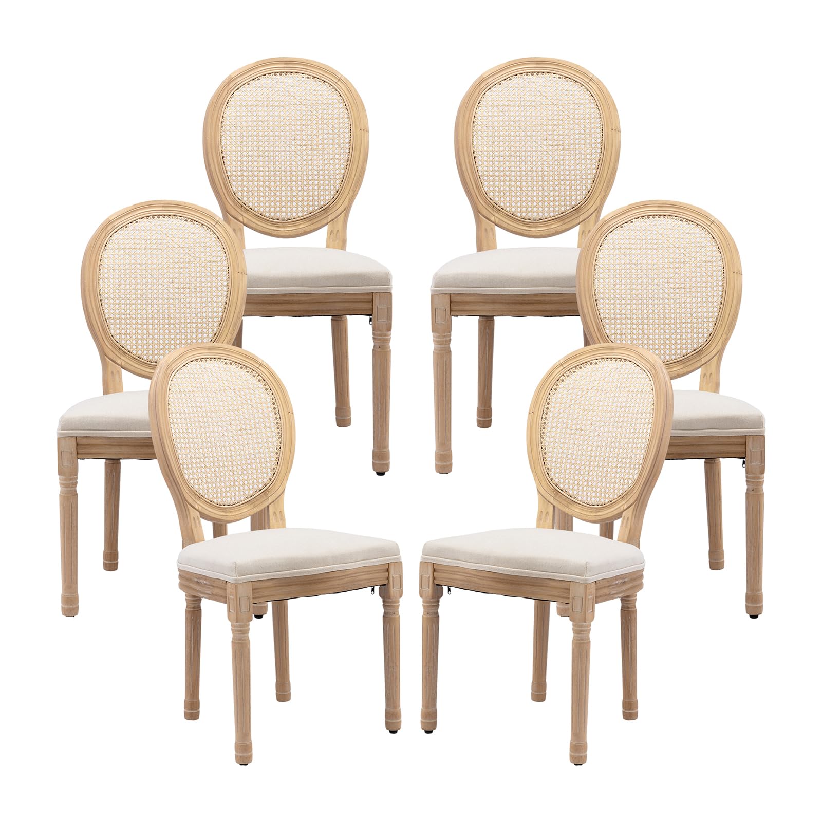 Vintage French Rattan Dining Chairs Set of 4, Solid Wood Frame with Round Rattan Back and Linen Upholstered Seat, Farmhouse Accent Sillas de Comedor Side Chairs for Dining Room & Kitchen, Beige