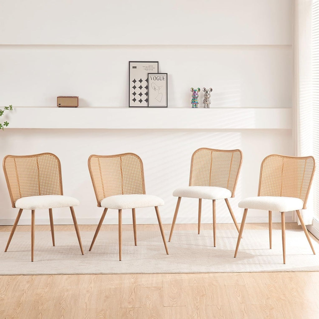 Rattan Dining Chairs Set of 4,Modern Chairs with Cane Back Upholstered Boucle Kitchen Chairs Armless Side Chair with Metal Legs for Dining Room/Living Room,Beige White