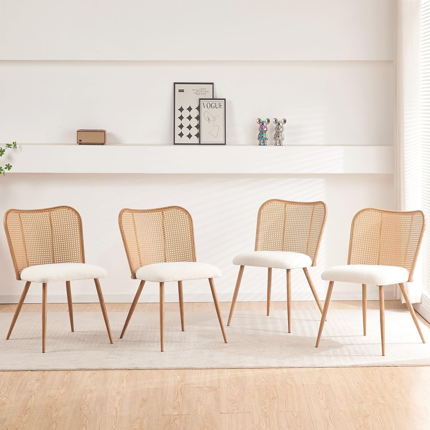 Rattan Dining Chairs Set of 4,Modern Chairs with Cane Back Upholstered Boucle Kitchen Chairs Armless Side Chair with Metal Legs for Dining Room/Living Room,Beige White
