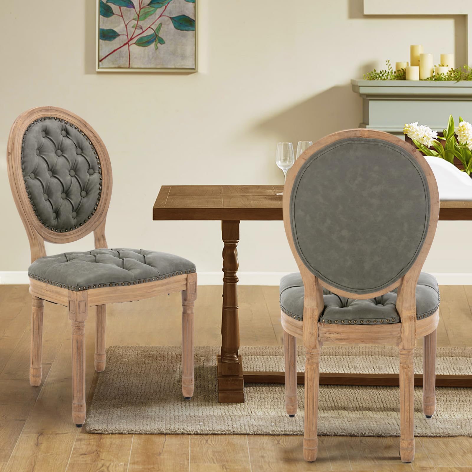 Rattan Back Upholstered Dining Chairs Set of 4 French Country Oval Kitchen Side Chairs with Wood Legs for Dining Room, Kitchen, Restaurant(Beige-Rattan)