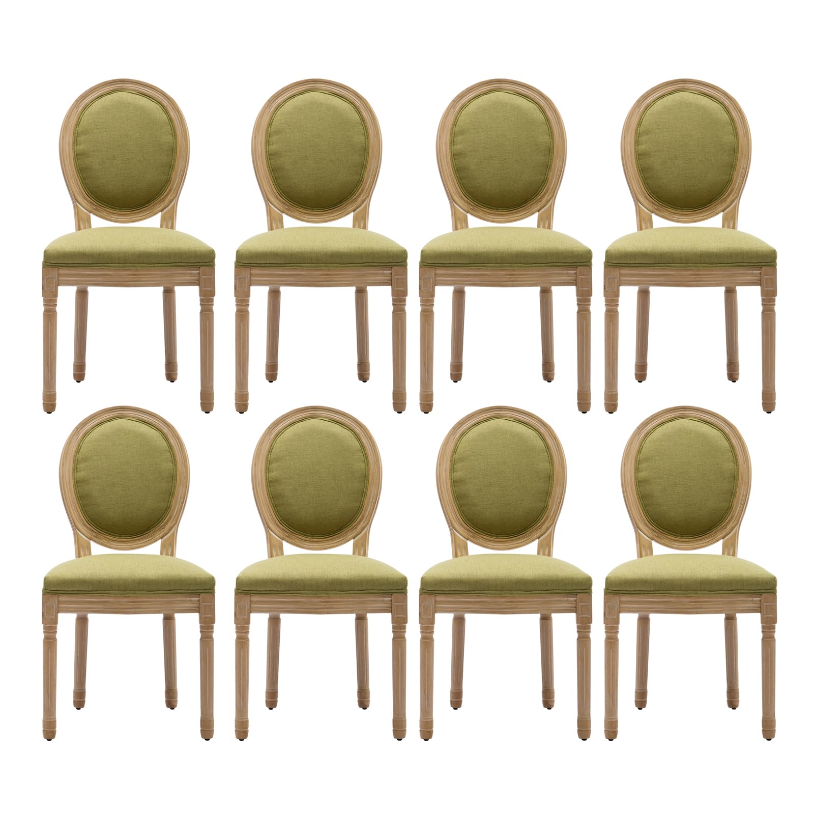 French Country Dining Chairs Set of 4，Fabric Upholstered Dining Chair with Round Back and Solid Leg, Rattan Kitchen Chairs for Dining Room, Living Room, Kitchen, Olive Green