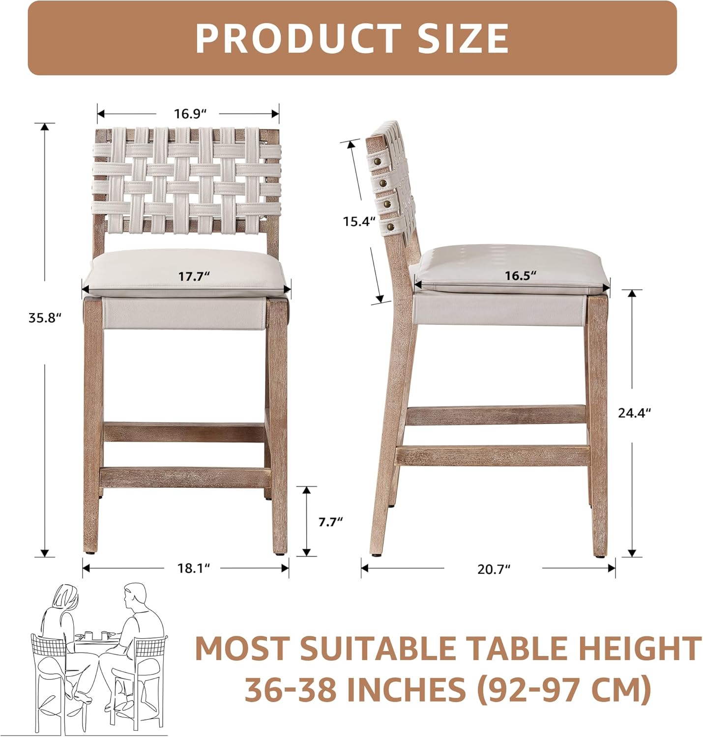 Modern Bar Stools Set of 2 Counter Height Barstools High Back Mid-Century Faux Leather Bar Chairs Solid Wood Kitchen Bar Stools for Kitchen Island Leather Beige 24IN