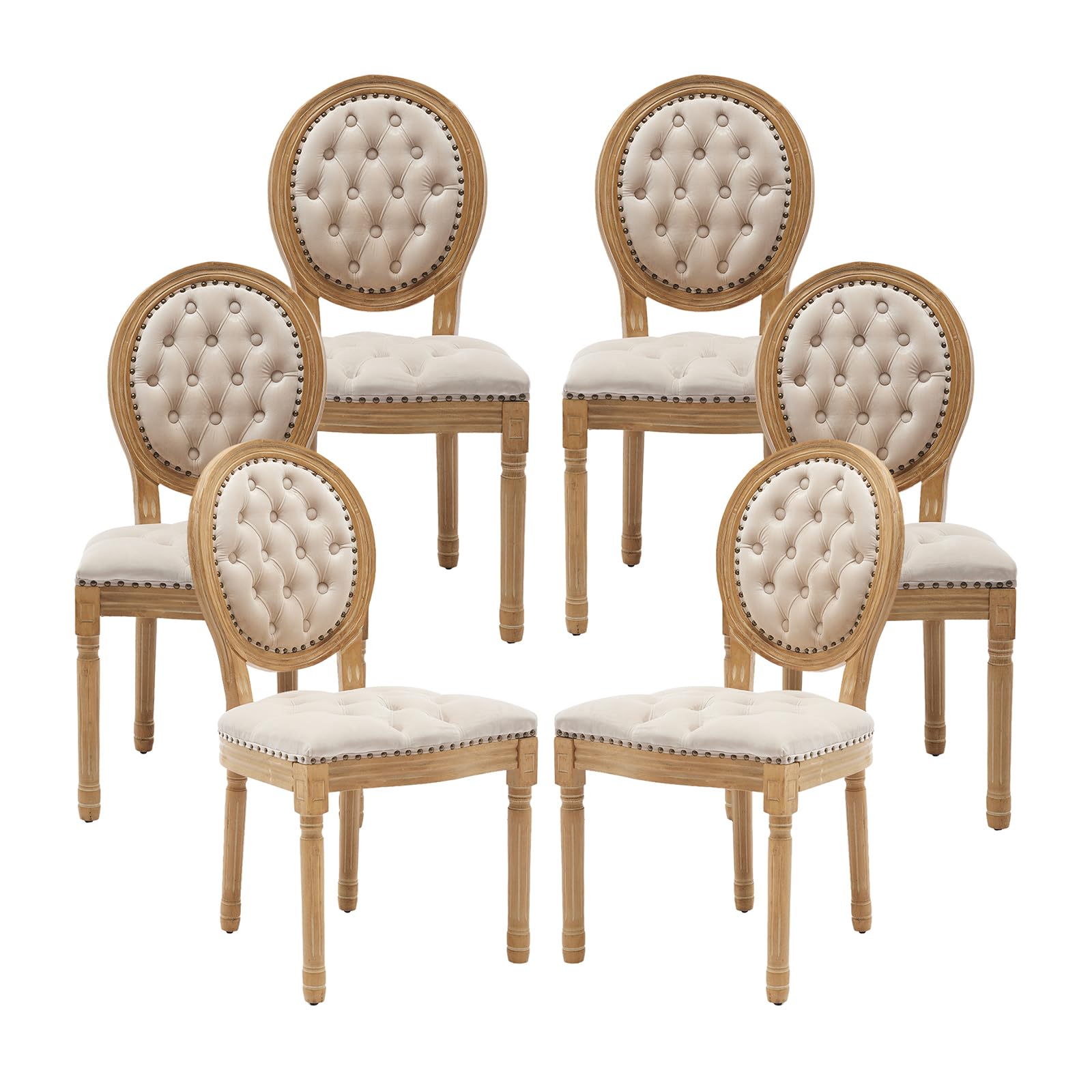 Vintage French Rattan Dining Chairs Set of 4, Solid Wood Frame with Round Rattan Back and Linen Upholstered Seat, Farmhouse Accent Sillas de Comedor Side Chairs for Dining Room & Kitchen, Beige
