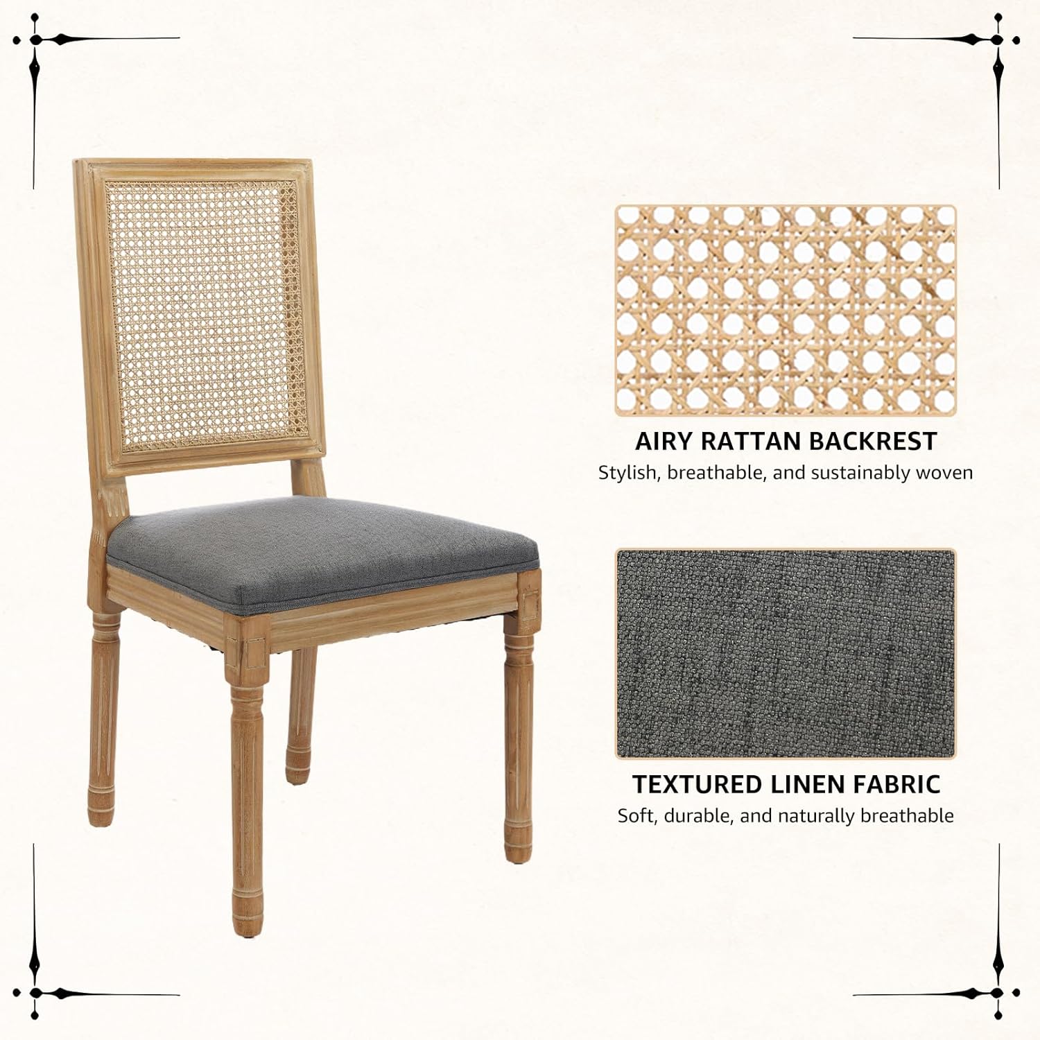 Vintage French Rattan Dining Chairs Set of 6, Square Back Side Chairs with Rattan Backrest, Upholstered Linen Seat and Solid Wood Frame, Sillas de Comedor for Dining Room & Kitchen, Dark Gray