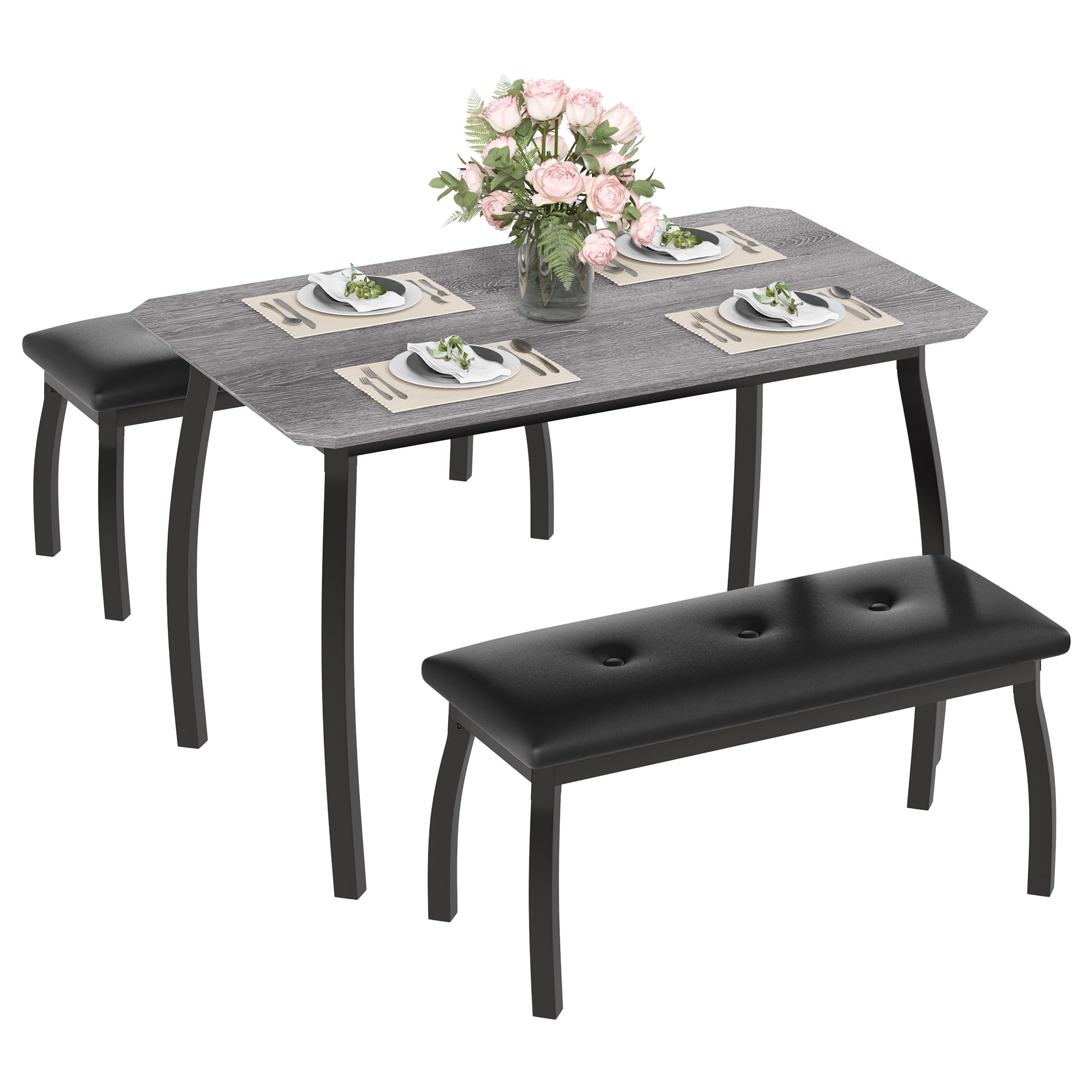 Garvee Dining Table for 4, 3-Piece Kitchen Table Set with Wooden Tabletop and Metal Frame, Industrial Retro Kitchen Table with 2 PU Leather Benches for Bar, Dining Room, Restaurant-Black