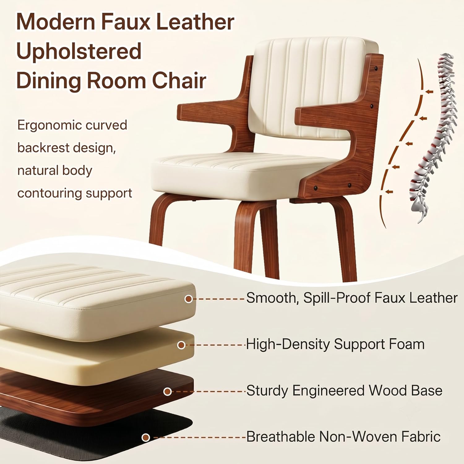 Dining Chairs Set of 1, Mid-Century Modern Upholstered PU Leather Kitchen Chair, Hanging Handrails, Walnut Bentwood Legs and Faux Leather Sponge Back for Kitchen Dining Room Living Room, Beige