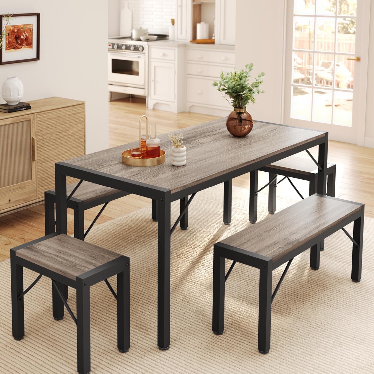 Gizoon 45.5" Dining Table Set for 4 with 2 Benches, Kitchen Table Set with Metal Frame & MDF Board, Space-Saving Dinette for Kitchen, Dining Room -Black