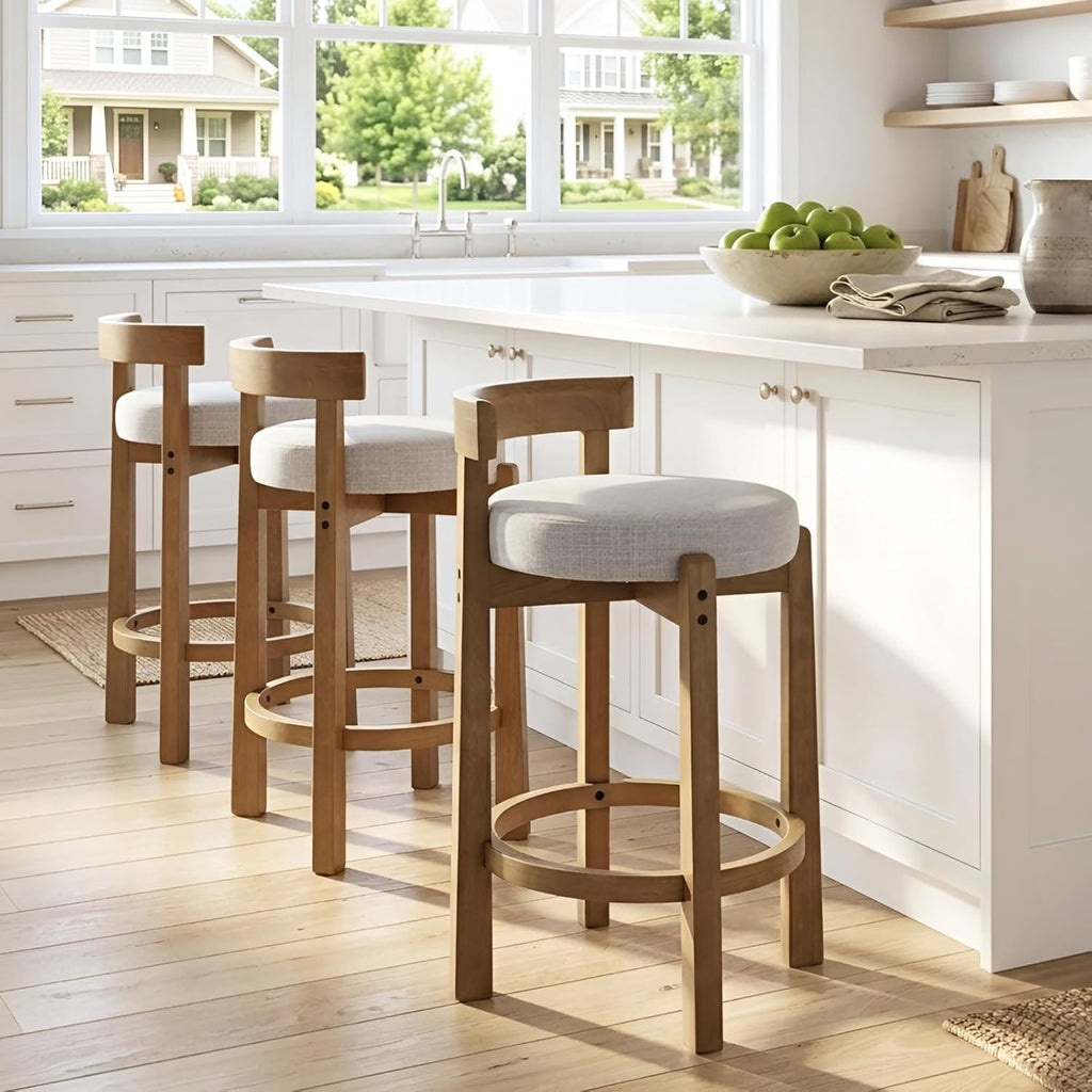 HEAH-YO Mid Century Modern Bar Stools Set of 4, 26.5" Counter Stools with Back, Linen Upholstered Barstools with Solid Wood Legs Bar Chairs for Kitchen Island Dining Room, Light Grey