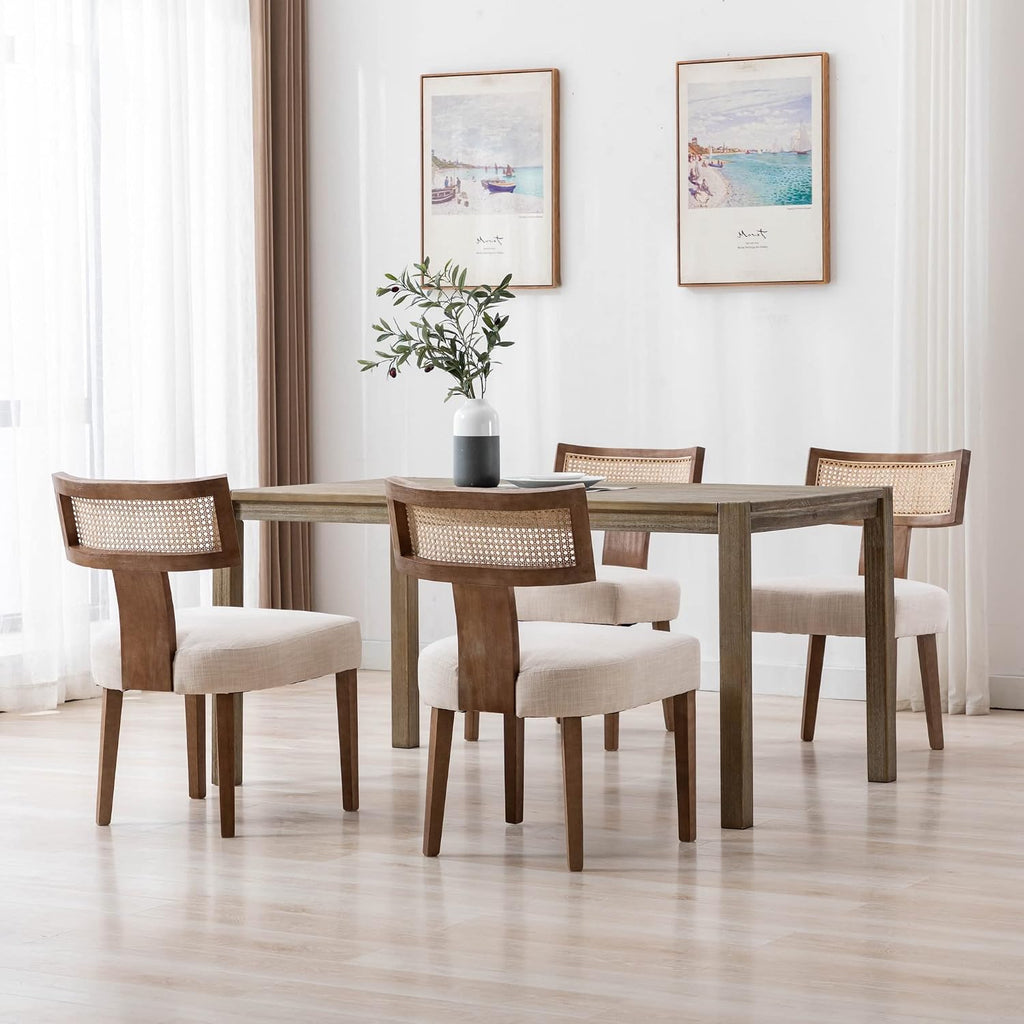 RIVOVA Rattan Dining Chairs Set of 4, Mid Century Modern Dining Chair Upholstered Linen Fabric Kitchen Side Chair, Modern Kitchen Armless Solid Wood Dining Chairs, Beige
