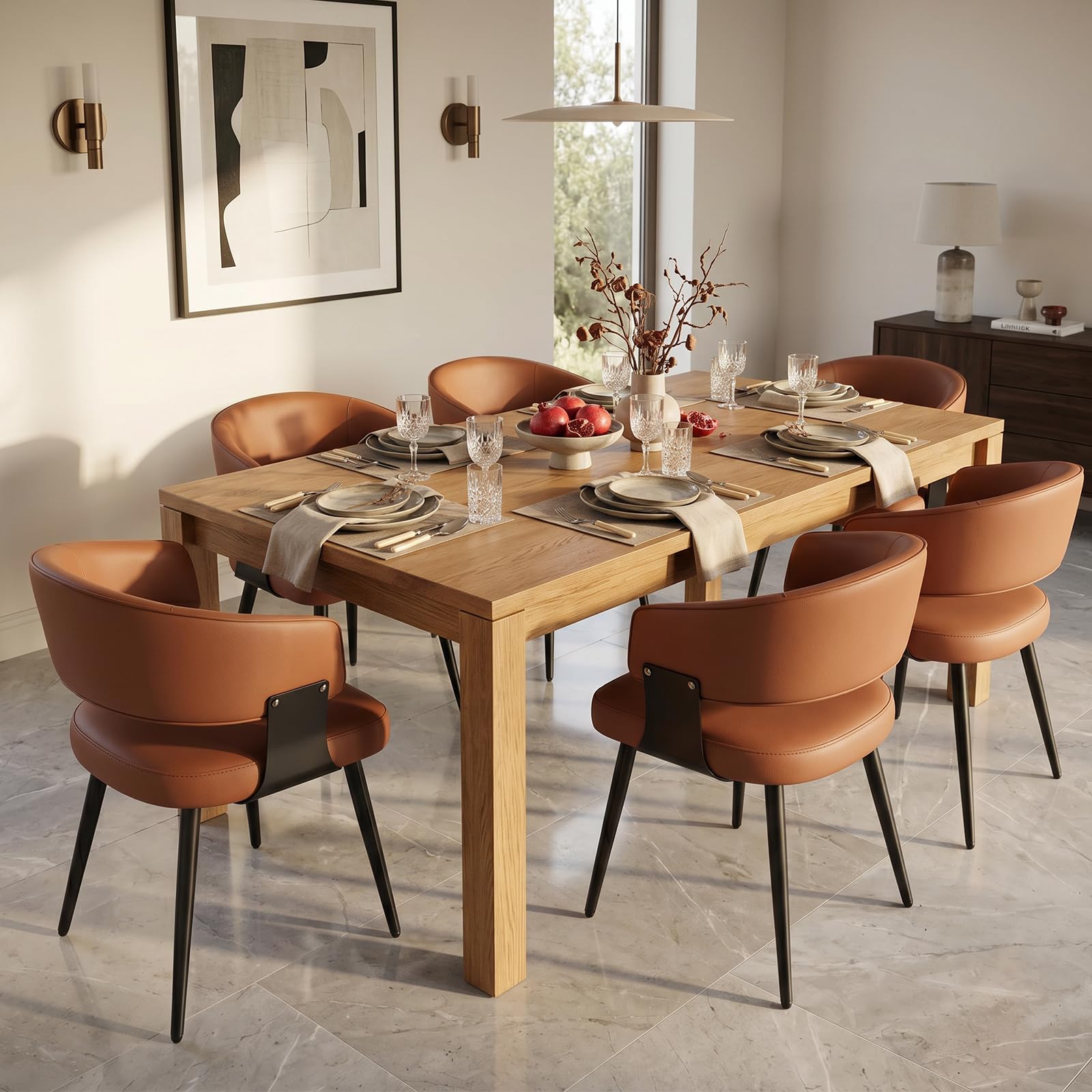 Dining Chairs Set of 4, Modern Upholstered PU Leather Kitchen & Dining Room Chairs with Curved Open Back Metal Legs, Kitchen Chairs for Dining Room Restaurant (Vintage Brown, Set of 4)