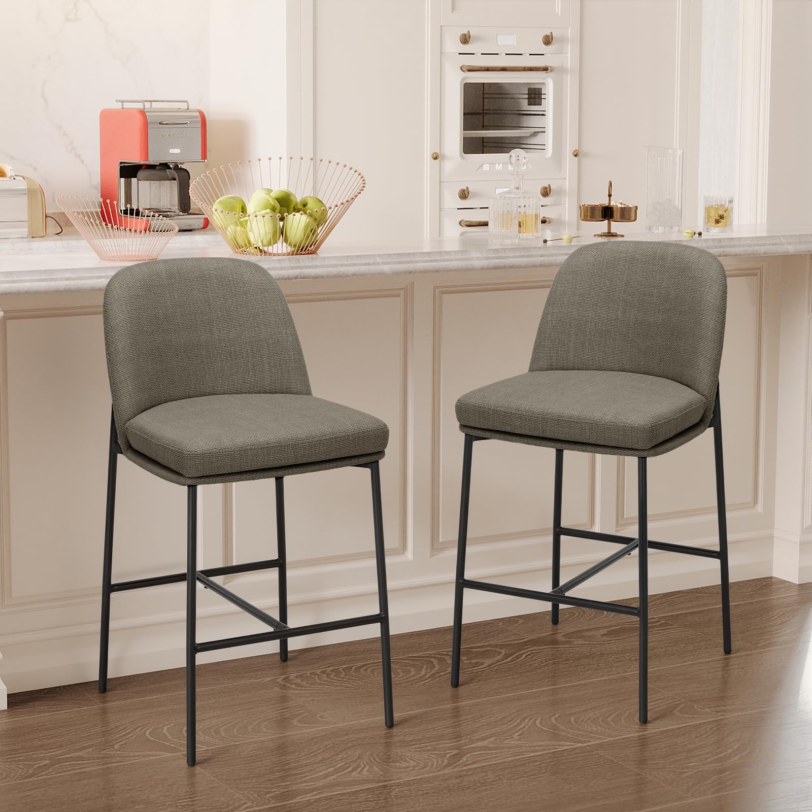 COLAMY Upholstered Counter Bar Stools, Kitchen Island Stools with Back, Modern Counter Height Stools with Wood Legs for Kitchen Island Dining Room Bar, Camel