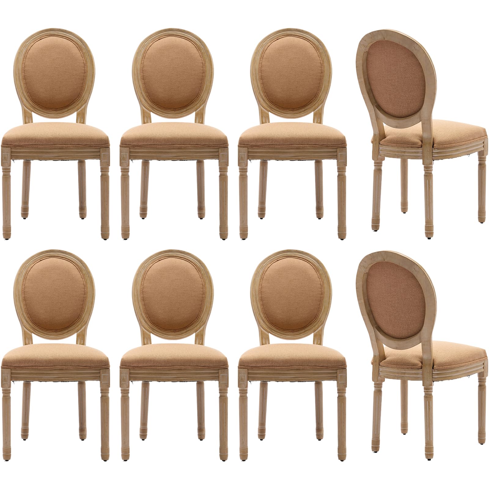 Vintage French Rattan Dining Chairs Set of 4, Solid Wood Frame with Round Rattan Back and Linen Upholstered Seat, Farmhouse Accent Sillas de Comedor Side Chairs for Dining Room & Kitchen, Beige