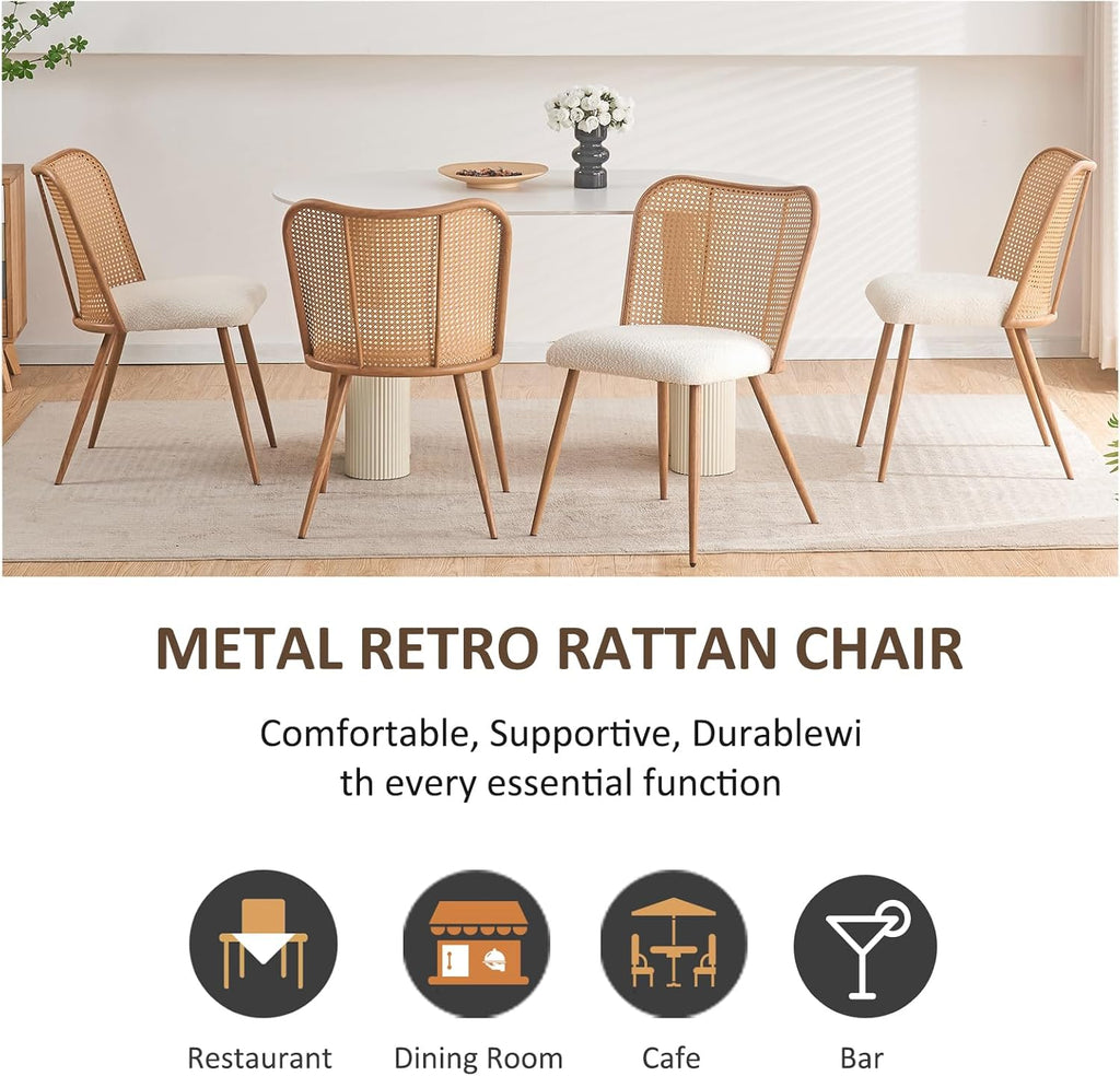 Rattan Dining Chairs Set of 4,Modern Chairs with Cane Back Upholstered Boucle Kitchen Chairs Armless Side Chair with Metal Legs for Dining Room/Living Room,Beige White