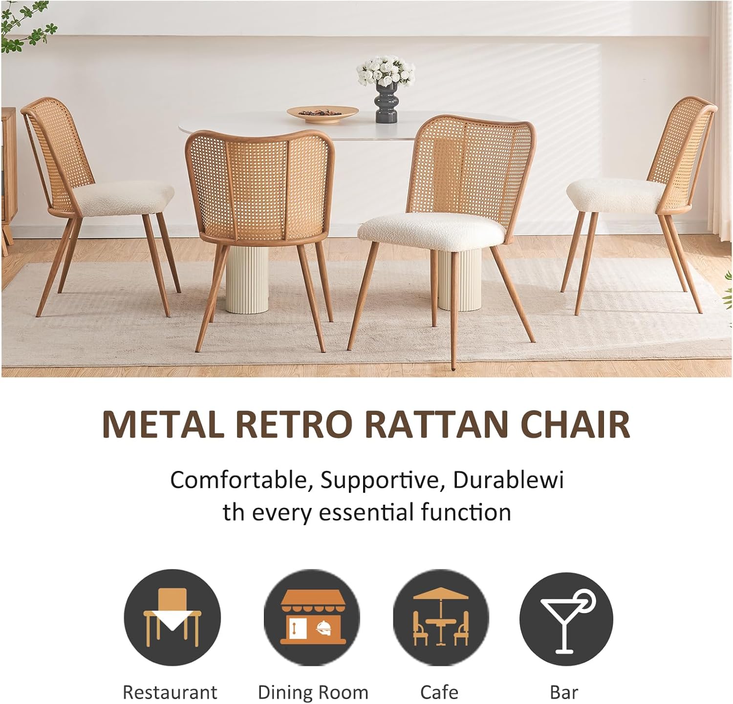 Rattan Dining Chairs Set of 4,Modern Chairs with Cane Back Upholstered Boucle Kitchen Chairs Armless Side Chair with Metal Legs for Dining Room/Living Room,Beige White
