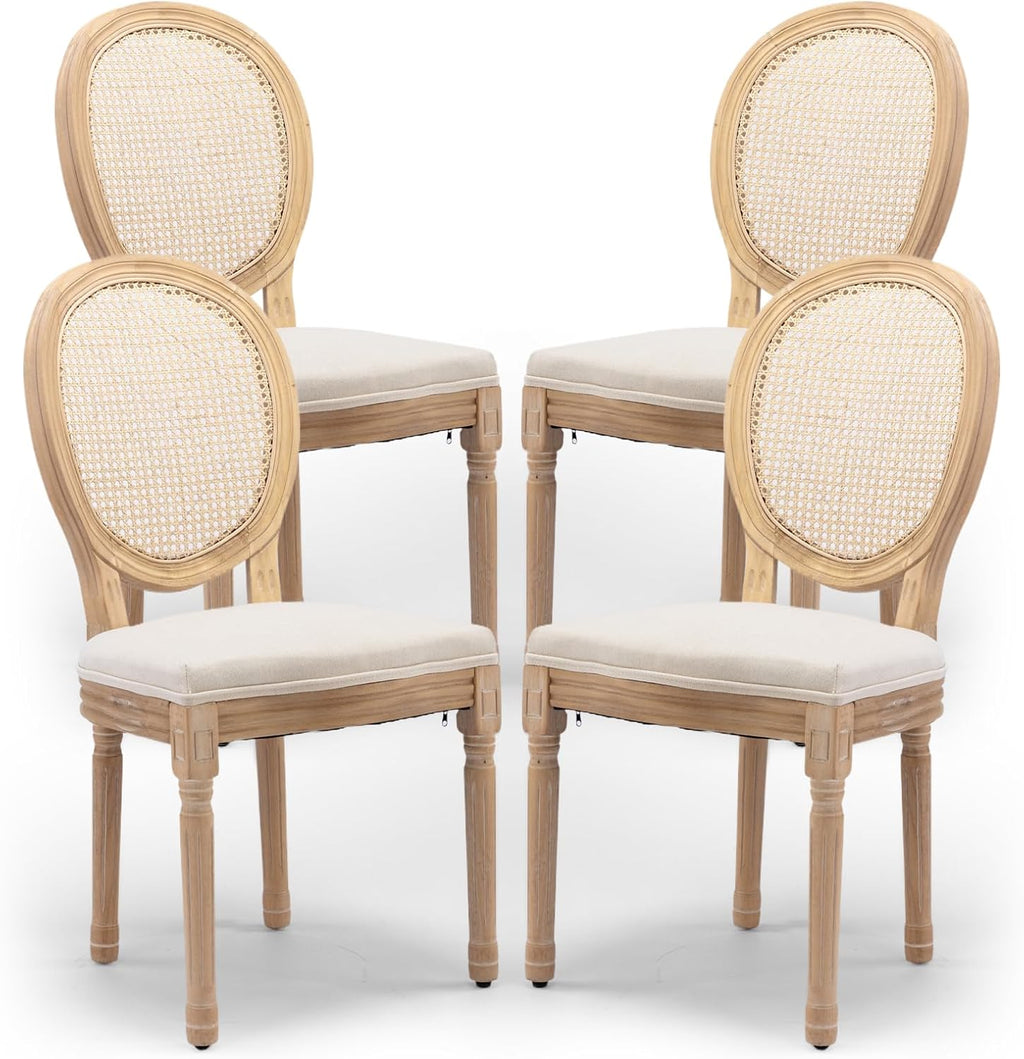 Rattan Back Upholstered Dining Chairs Set of 4 French Country Oval Kitchen Side Chairs with Wood Legs for Dining Room, Kitchen, Restaurant(Beige-Rattan)