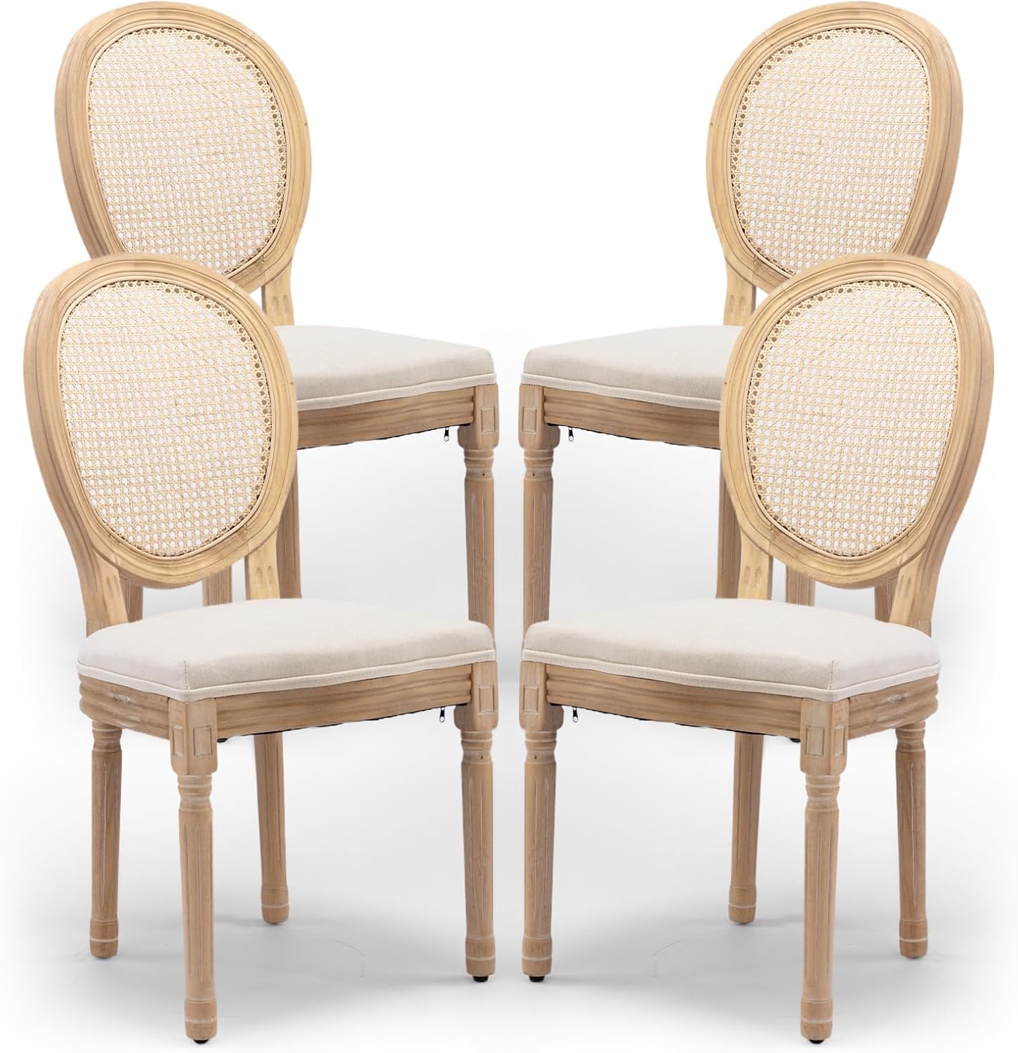 Rattan Back Upholstered Dining Chairs Set of 4 French Country Oval Kitchen Side Chairs with Wood Legs for Dining Room, Kitchen, Restaurant(Beige-Rattan)