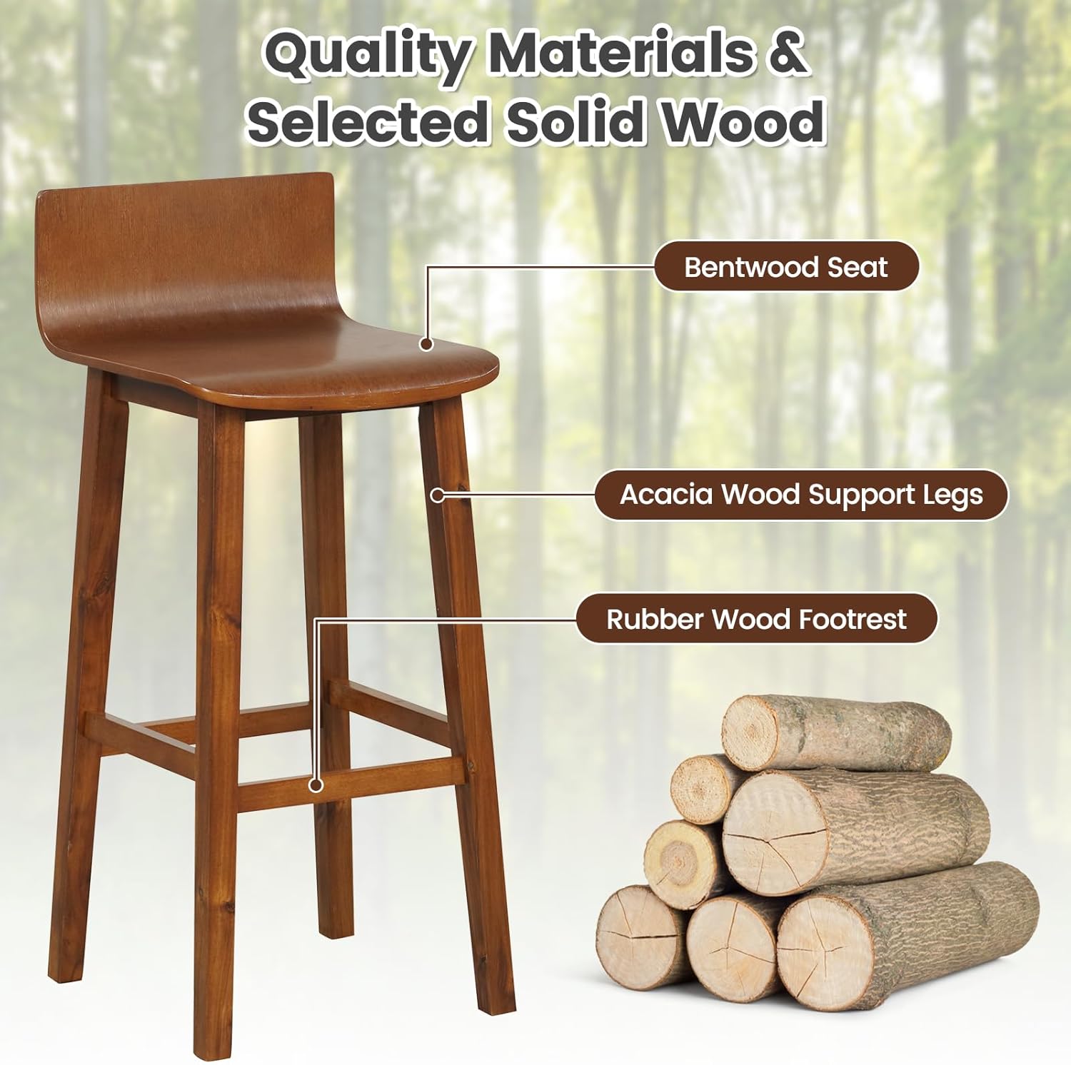 COSTWAY Solid Wood Bar Stools Set of 2, 29-inch Counter Height Chairs with Low Back and Footrest, Farmhouse Wooden Armless Barstools for Kitchen Island, Dining Room, Cafe, Breakfast, Brown