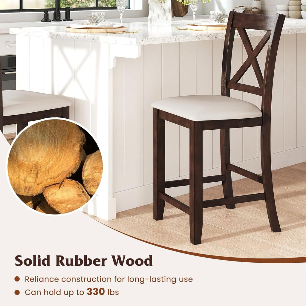 Giantex 24" Bar Stools Set of 4, Farmhouse Counter Height Barstools w/Footrest, Cross Back, Comfortable Linen Cushion, Upholstered Wood Bar Chairs for Kitchen Island Dining Room Cafe, Walnut & Beige