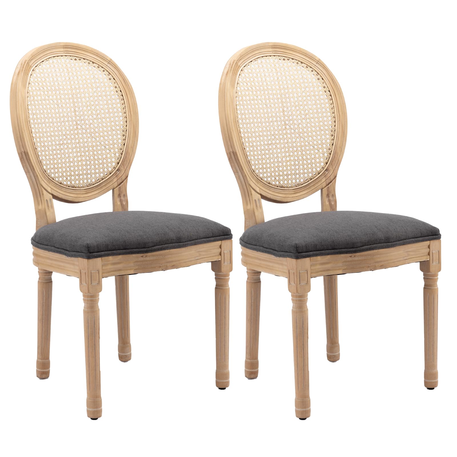 French Country Dining Chairs Set of 4，Fabric Upholstered Dining Chair with Round Back and Solid Leg, Rattan Kitchen Chairs for Dining Room, Living Room, Kitchen, Olive Green