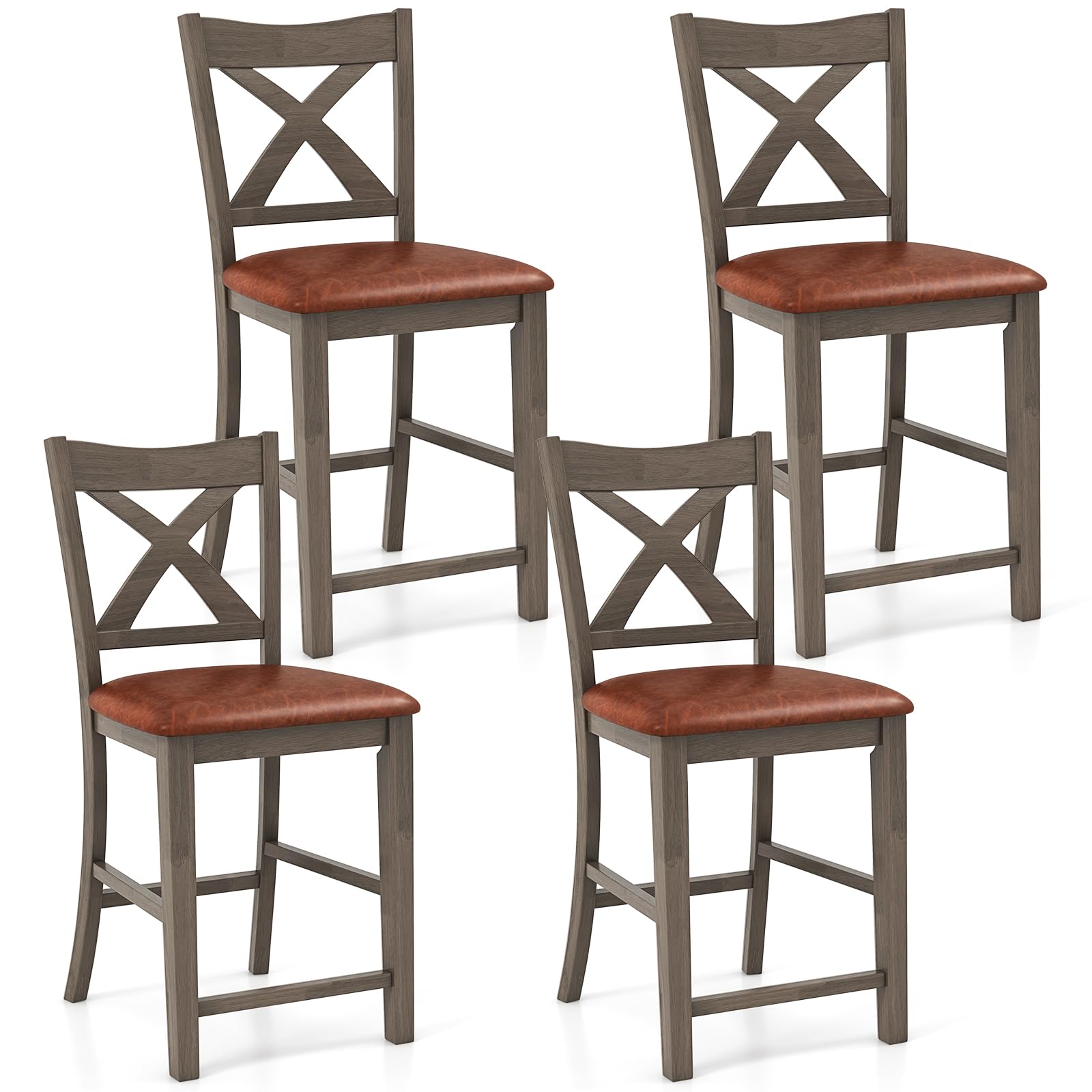Giantex 24" Bar Stools Set of 4, Farmhouse Counter Height Barstools w/Footrest, Cross Back, Comfortable Linen Cushion, Upholstered Wood Bar Chairs for Kitchen Island Dining Room Cafe, Walnut & Beige