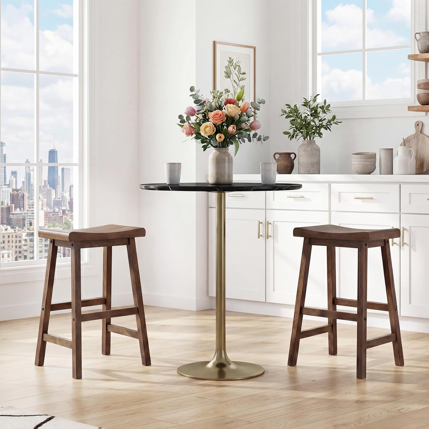 4PC Solid Wood Backless Bar Stools, 24in Counter Stools with Footrest, Brown