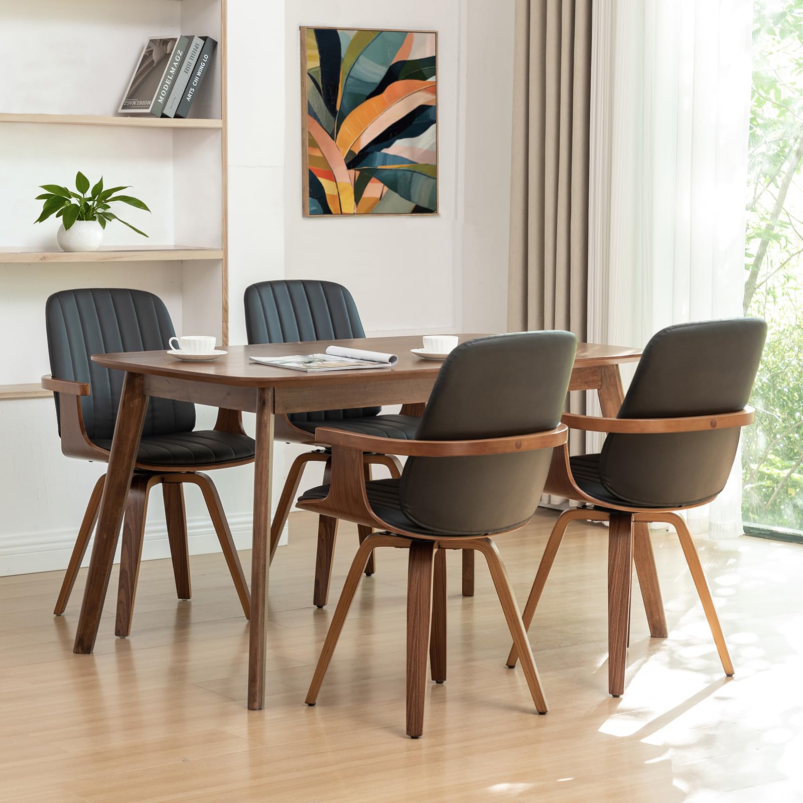 WUPOTO Set of 1 MCM Dining Chair, Mid Century Modern Chair with Walnut Craftsmanship, Upholstered Faux Leather, Wooden Arms and Legs, Faux Leather Dining Chair for Kitchen/Living Room - Green