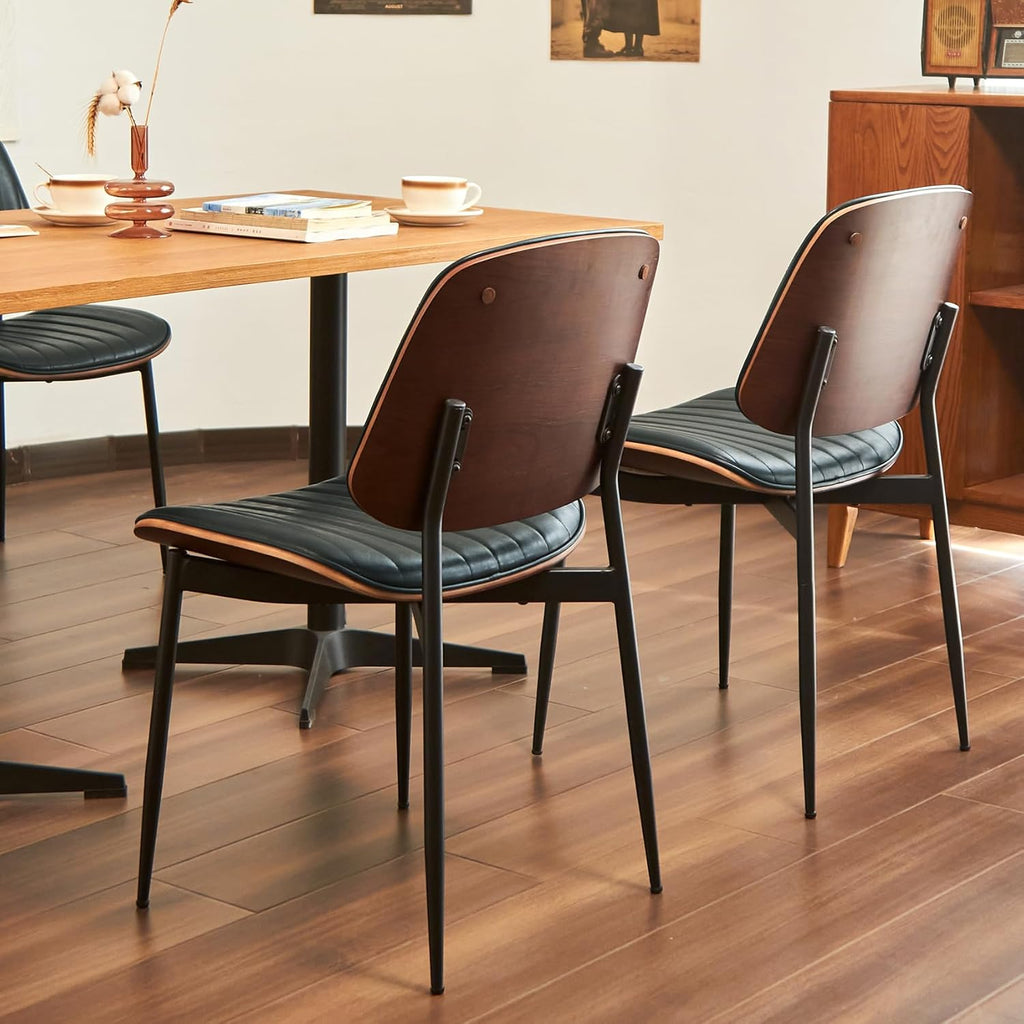 Mid Century Modern Dining Chairs Set of 2, Retro Chair with Faux Leather Upholstered Seat/Back & Metal Legs & Leg Protectors for Kitchen (Dark Green)