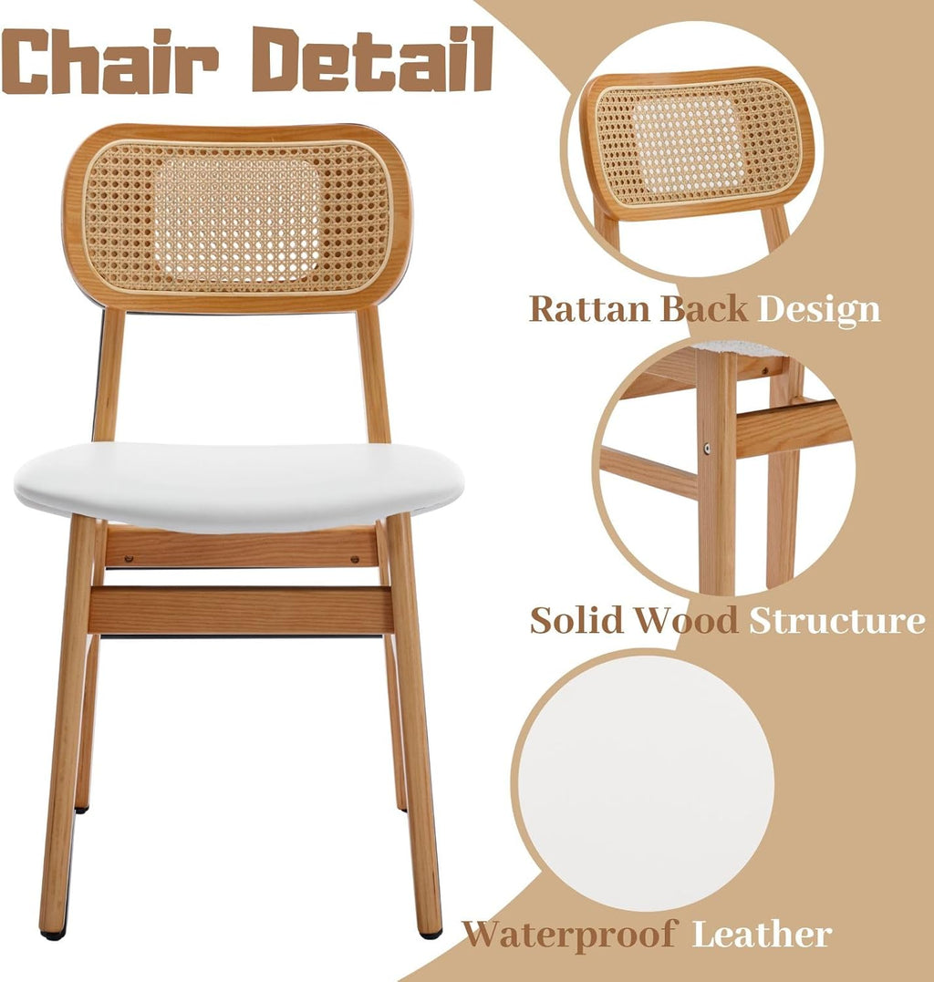 ROCITY Rattan Dining Chairs Set of 2 White Faux Leather Dining Room Chairs Natural Wooden Kitchen Chairs Farmhouse Side Chairs