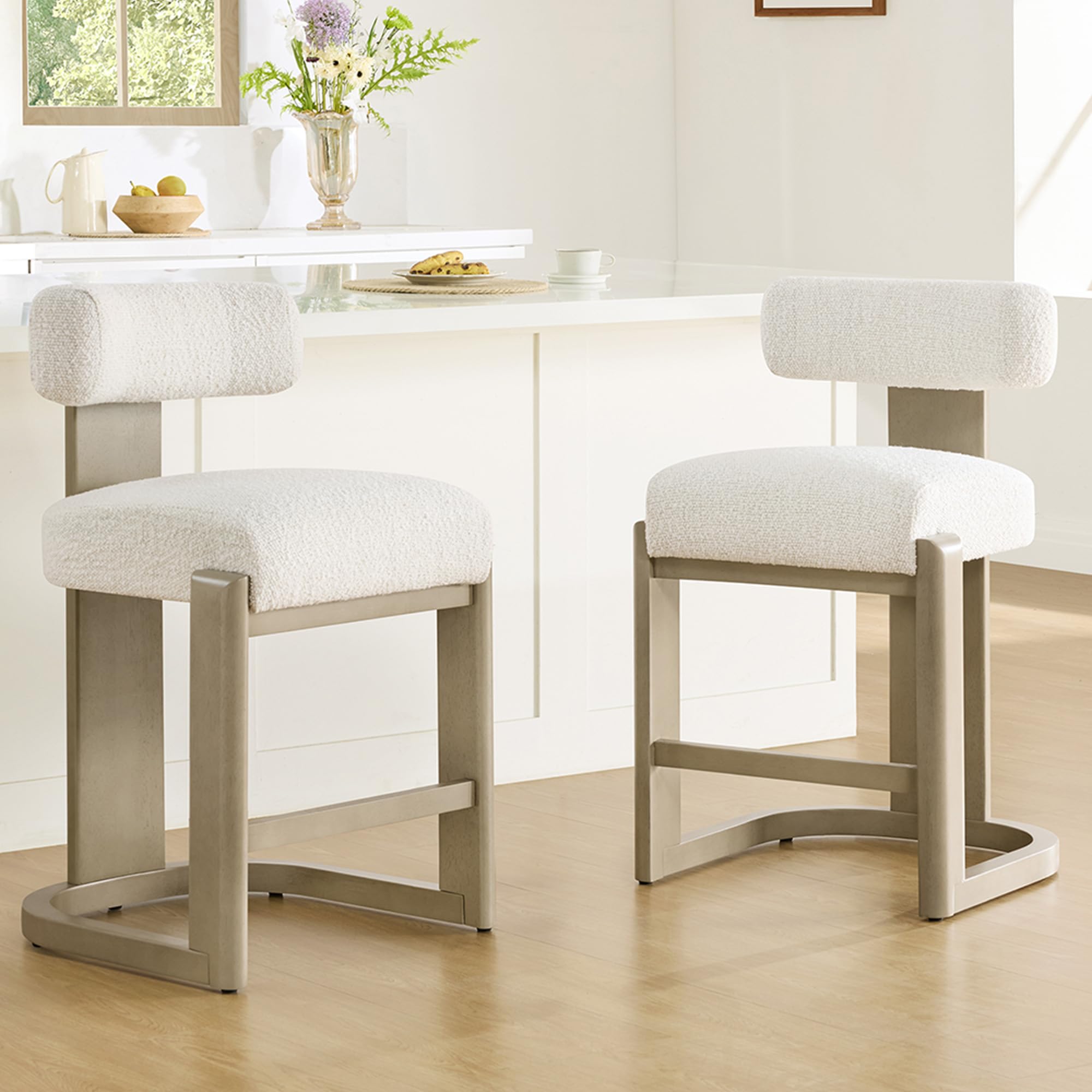 2PC Upholstered Counter Bar Stools, Oatmeal Fabric with Walnut Wood Legs