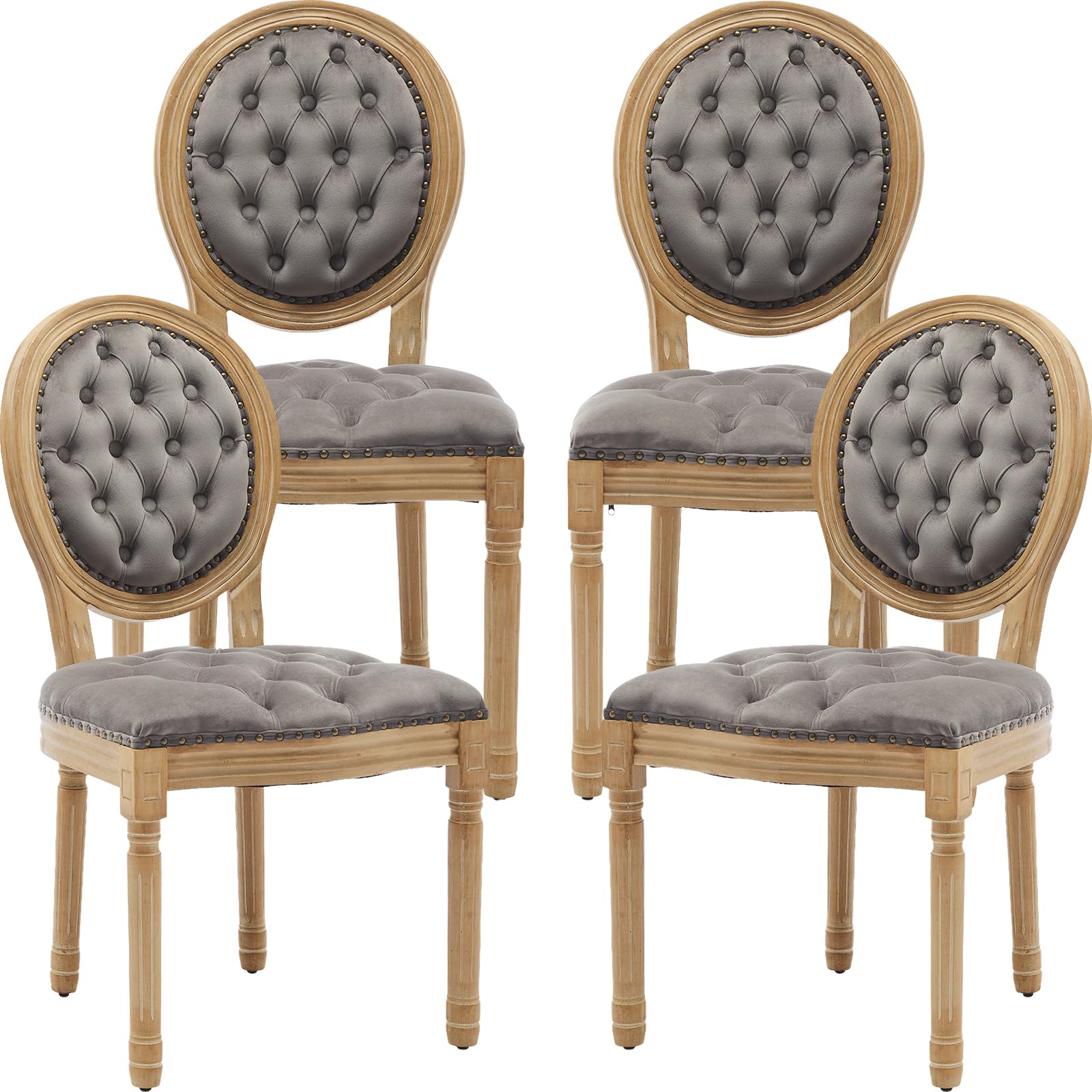Vintage French Rattan Dining Chairs Set of 4, Solid Wood Frame with Round Rattan Back and Linen Upholstered Seat, Farmhouse Accent Sillas de Comedor Side Chairs for Dining Room & Kitchen, Beige