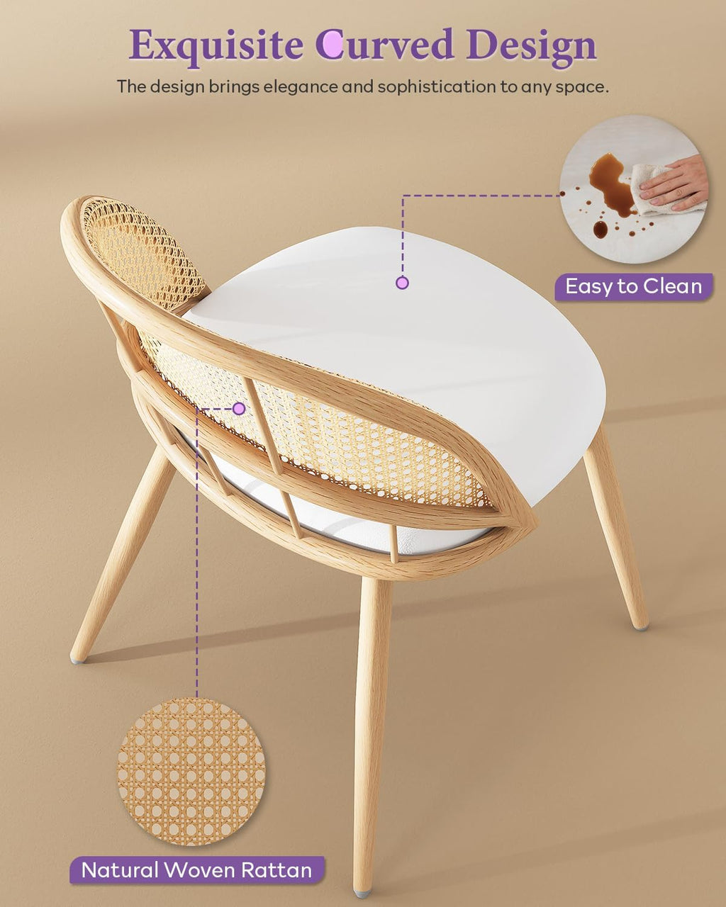 TYBOATLE Rattan Dinner Chairs Set of 4 with Faux Leather Cushion, Modern Dining Room Chairs w/Adjustable Foot Pads, Kitchen Boho Chairs Mid Century Upholstered, White