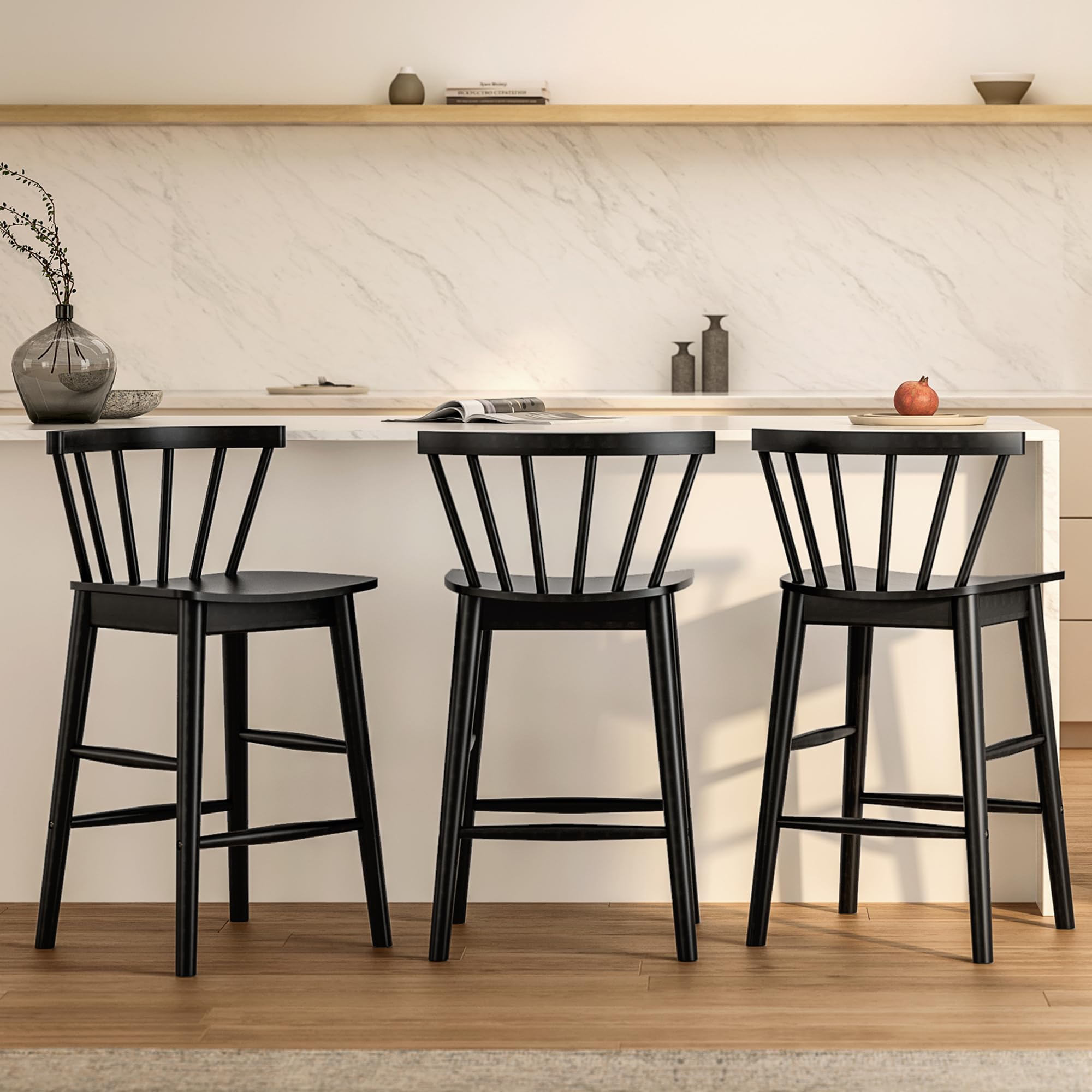 EYYTHUNG Wood Bar Stools Set of 3, Farmhouse 24" Barstool Counter Stools with Curved Back Counter Chairs for Kitchen Islands Dining Room, Natural Oak