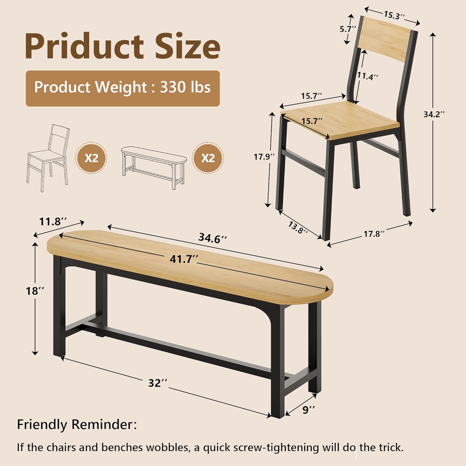 Feonase Dining Chairs and Benches Set of 4, Modern Dining Room Chairs with Ergonomic Backrest, Wood Structure & Metal Legs, for Kitchen, Dining Room, Space-Saving, Easy to Assemble & Clean, Natural