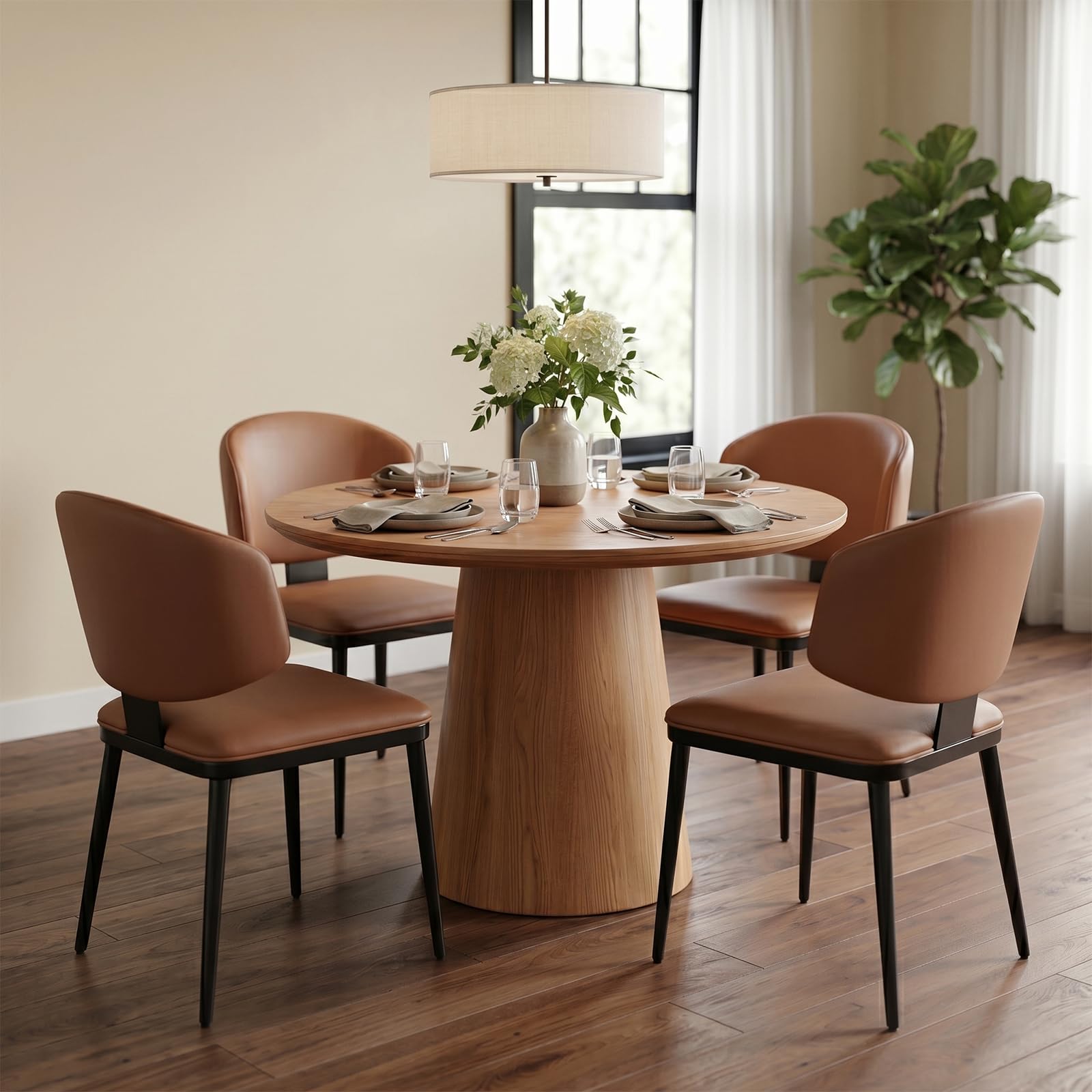 2PC Brown Faux Leather Dining Chairs, Modern Curved Back Design