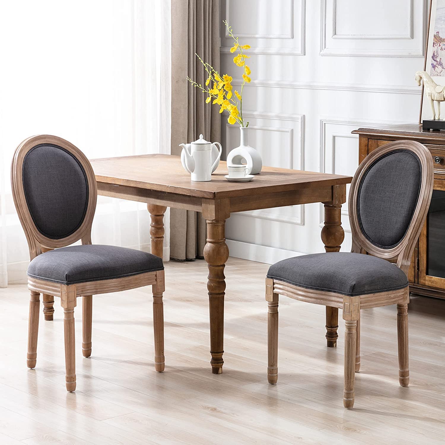 Nrizc French Country Dining Chairs Set of 4, Farmhouse Fabric Chairs with Round Back, Rattan Dining Chair, Oval Side Chairs for Dining Room/Living Room/Kitchen/Restaurant