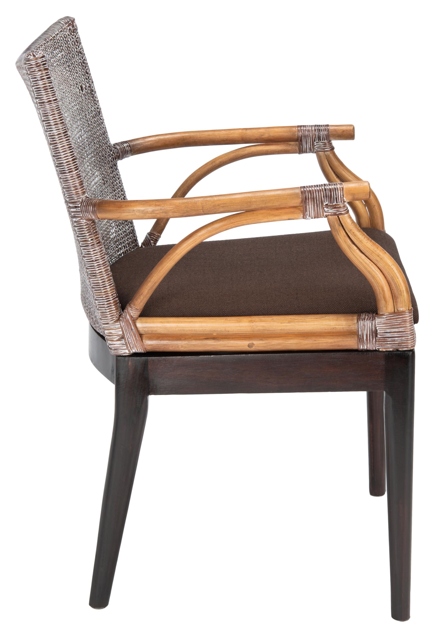 SAFAVIEH Furniture - Gianni Rattan Arm Chair - Brown & Black - Solid Wood - Coastal Open-Arm Design - Ideal for Living Room, Sunroom, Bedroom, 19.8" Seat Height (SEA4011A)