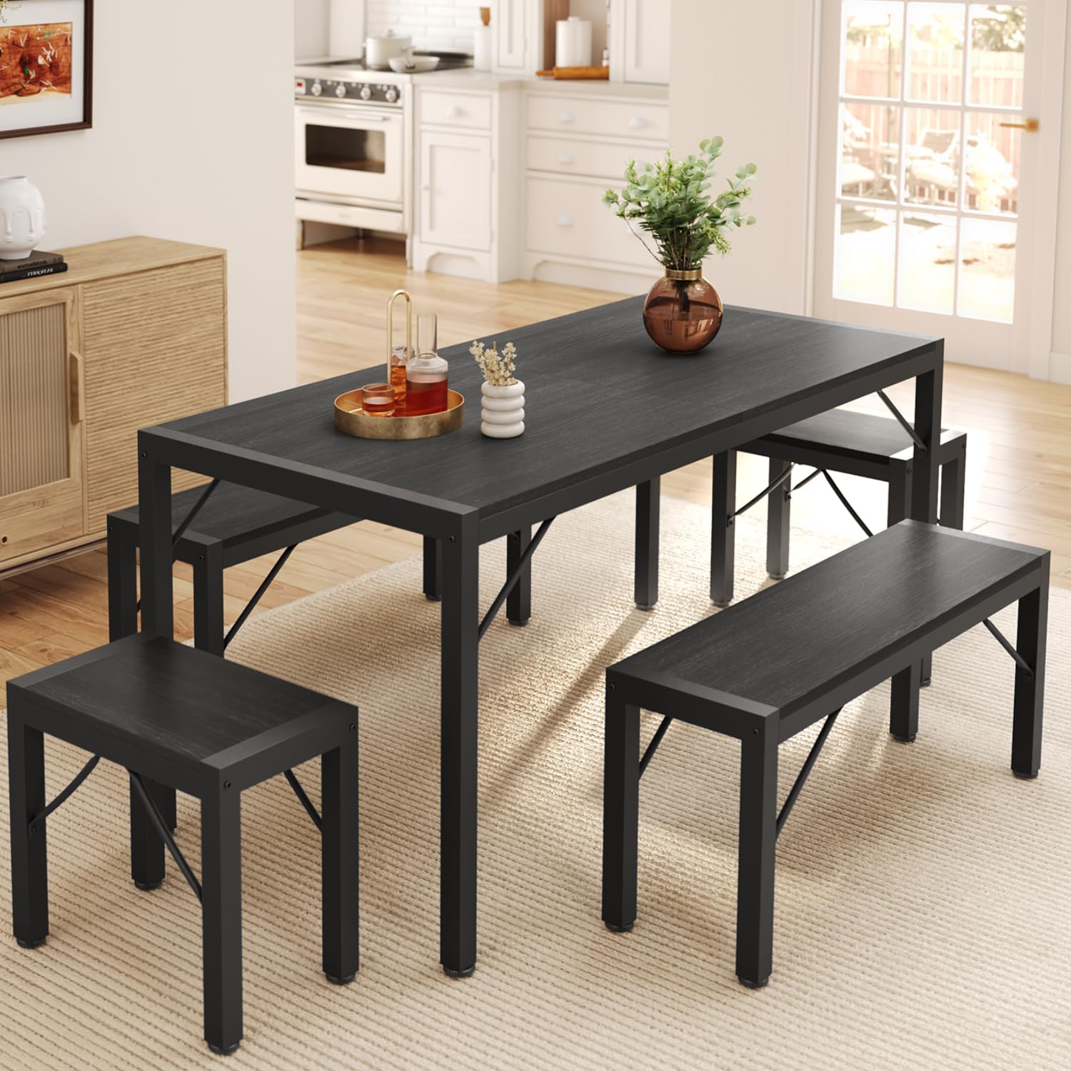 Gizoon 45.5" Dining Table Set for 4 with 2 Benches, Kitchen Table Set with Metal Frame & MDF Board, Space-Saving Dinette for Kitchen, Dining Room -Grey