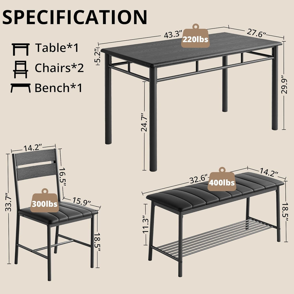 IRONCK Dining Table Set for 4, Kitchen Table with Upholstered Bench and 2 Chairs, Kitchen Table and Chairs Set for Small Space, Apartment, Black