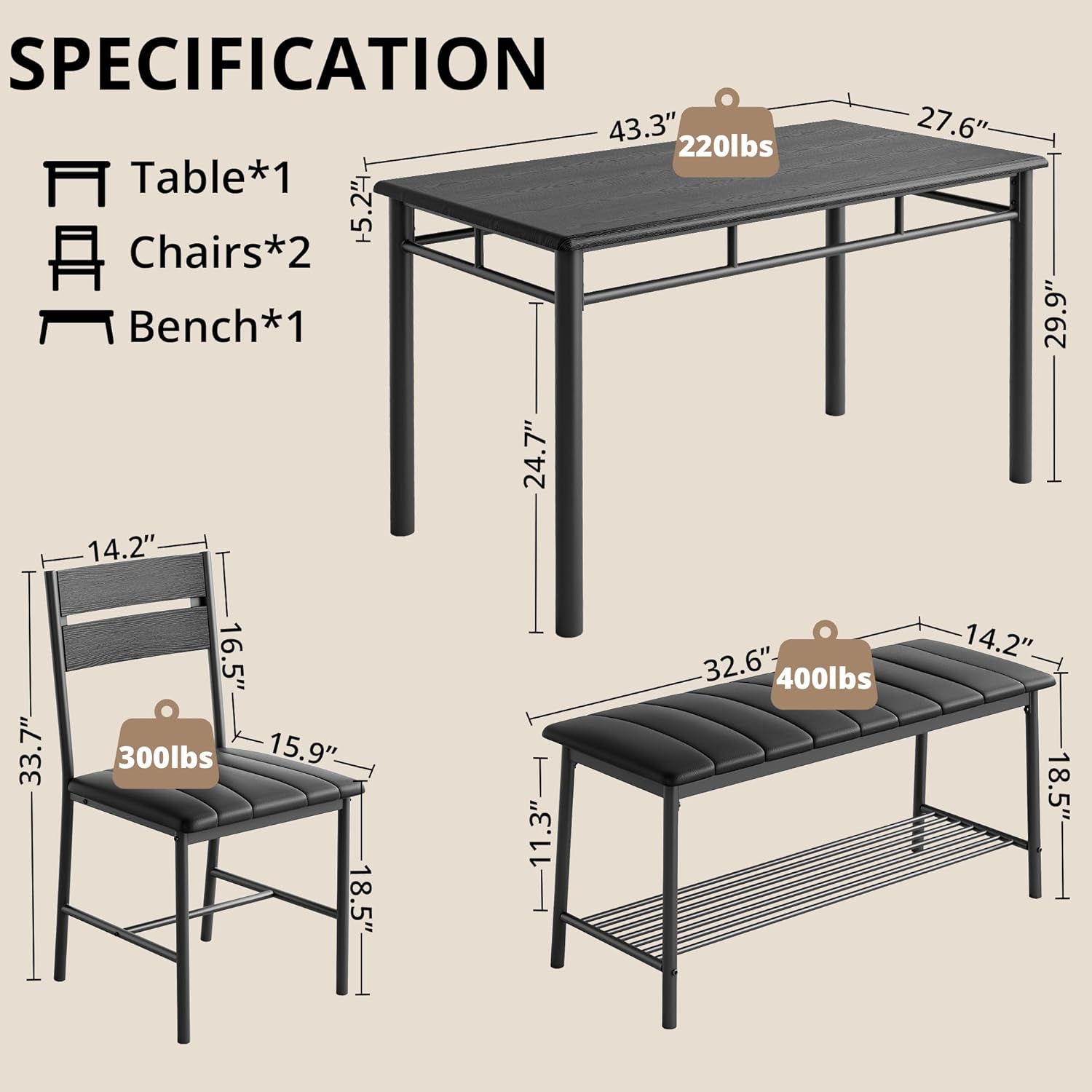 IRONCK Dining Table Set for 4, Kitchen Table with Upholstered Bench and 2 Chairs, Kitchen Table and Chairs Set for Small Space, Apartment, Black