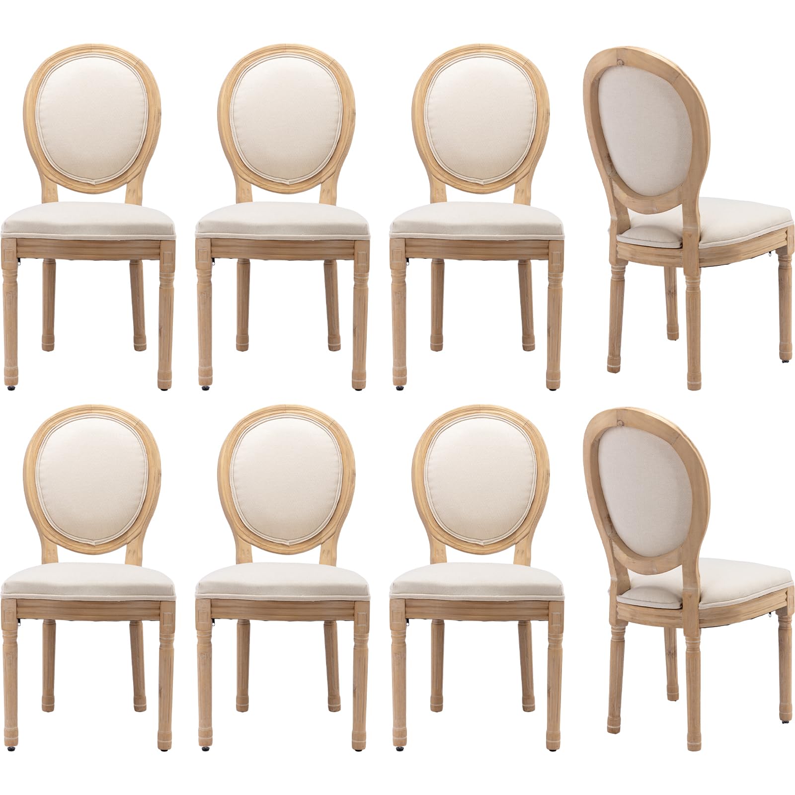 Vintage French Rattan Dining Chairs Set of 4, Solid Wood Frame with Round Rattan Back and Linen Upholstered Seat, Farmhouse Accent Sillas de Comedor Side Chairs for Dining Room & Kitchen, Beige