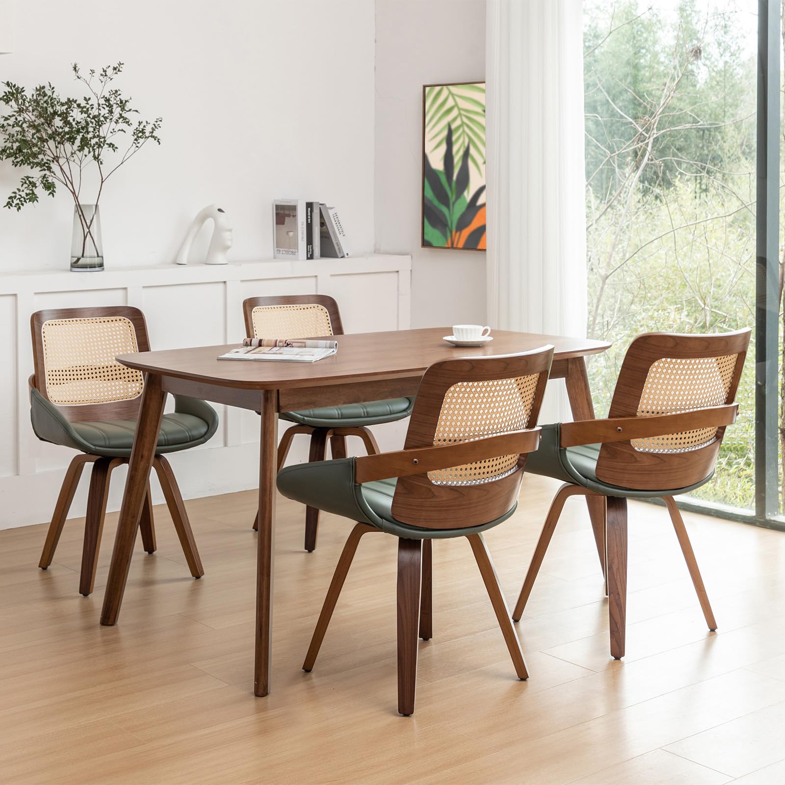 Set of 2 Green Rattan Dining Chairs - Mid Century Modern Dining Chairs with Walnut Bentwood Frame, Ergonomic Rattan Back, Curved Arms, Versatile for Living Room/Conference/Kitchen (Walnut Green)