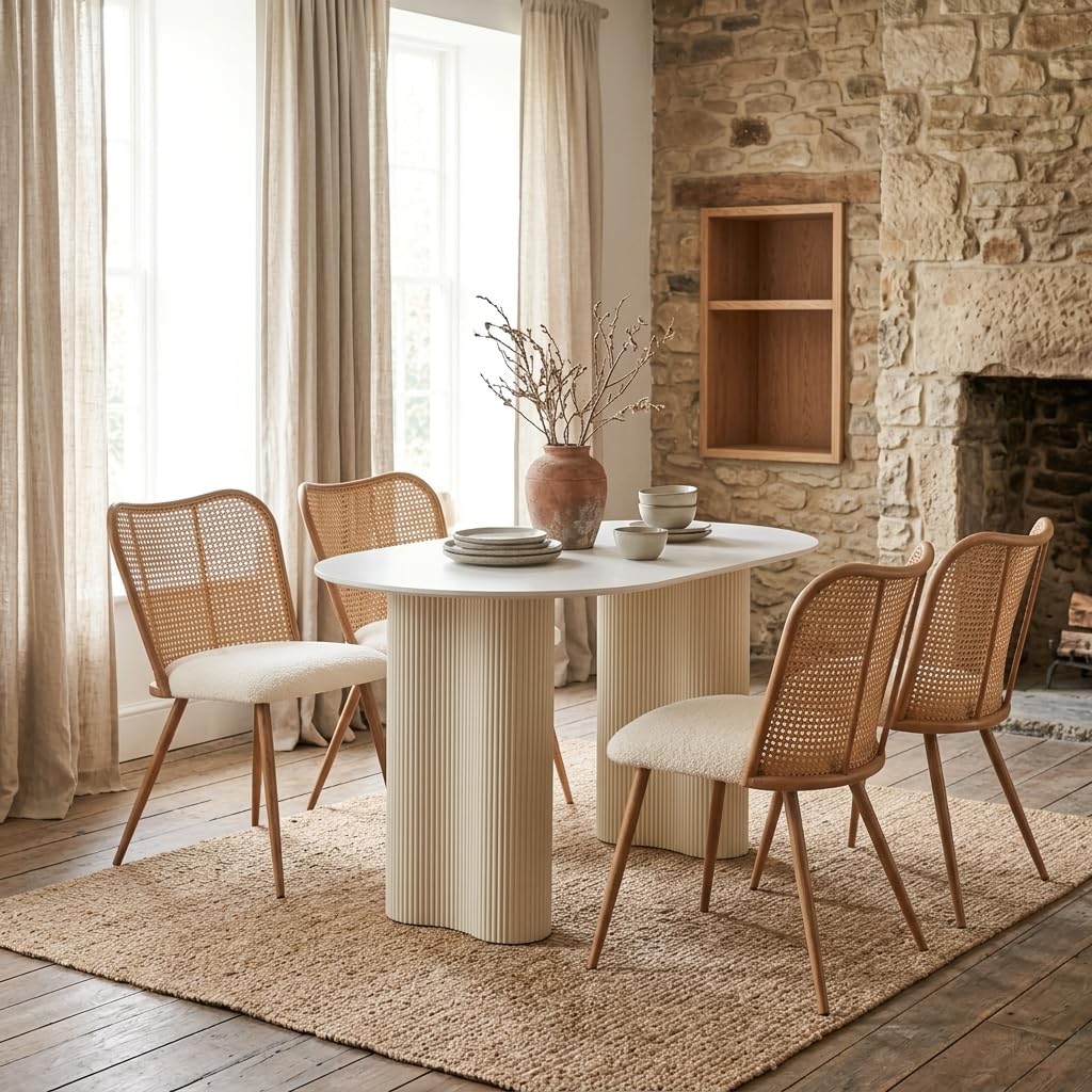 Rattan Dining Chairs Set of 4,Modern Chairs with Cane Back Upholstered Boucle Kitchen Chairs Armless Side Chair with Metal Legs for Dining Room/Living Room,Beige White