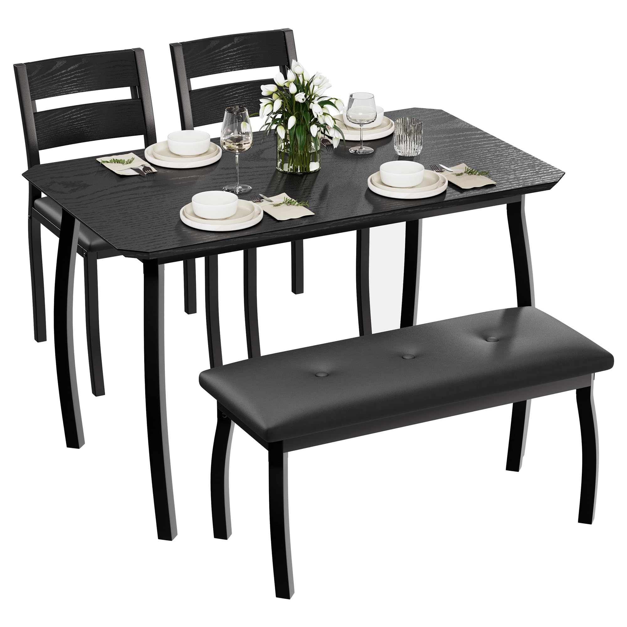 Garvee Dining Table for 4, 3-Piece Kitchen Table Set with Wooden Tabletop and Metal Frame, Industrial Retro Kitchen Table with 2 PU Leather Benches for Bar, Dining Room, Restaurant-Black